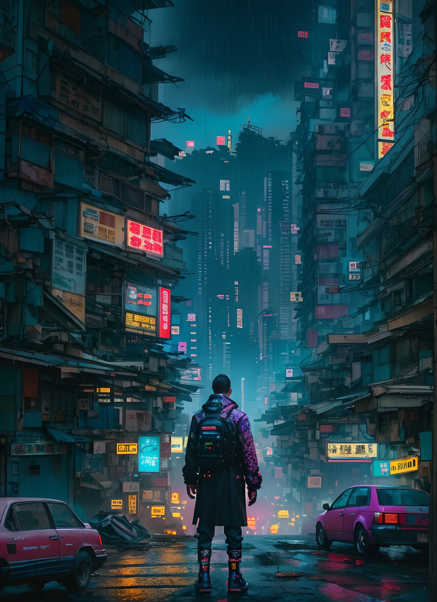 Hong Kong's Street, cyberpunk, vapor punk, a man, from the back, looking at the skyscrapers, longly, centered, middle distance, raining, (extremely detailed:1.2), (intricate neon slums in the background:1.1), hyper-detailed, (soft lighting:1.2), high resolution, filmic grain, ray tracing, Masterpiece, 8K, RAW.