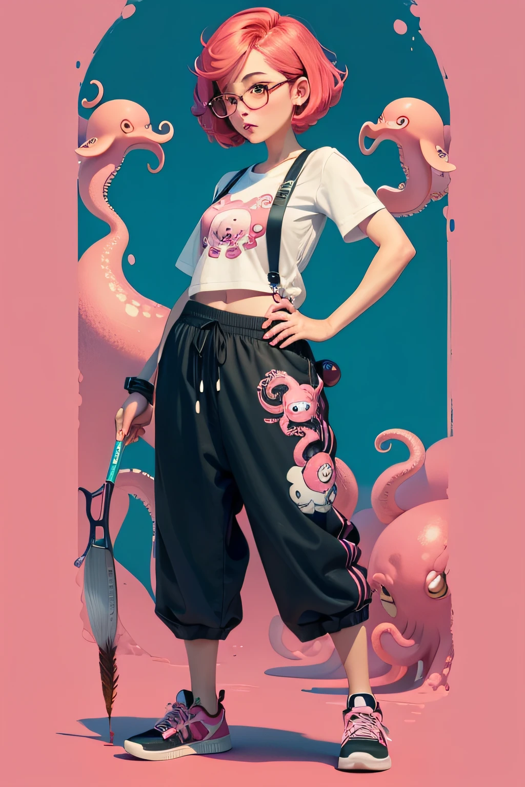 octopus, cartoon style, Octopus holding a paintbrush,pink octopus,cute style,smeared with ink paint,human style,octopus girl, red short hair,asean style,oral glasses,long pant,full body
