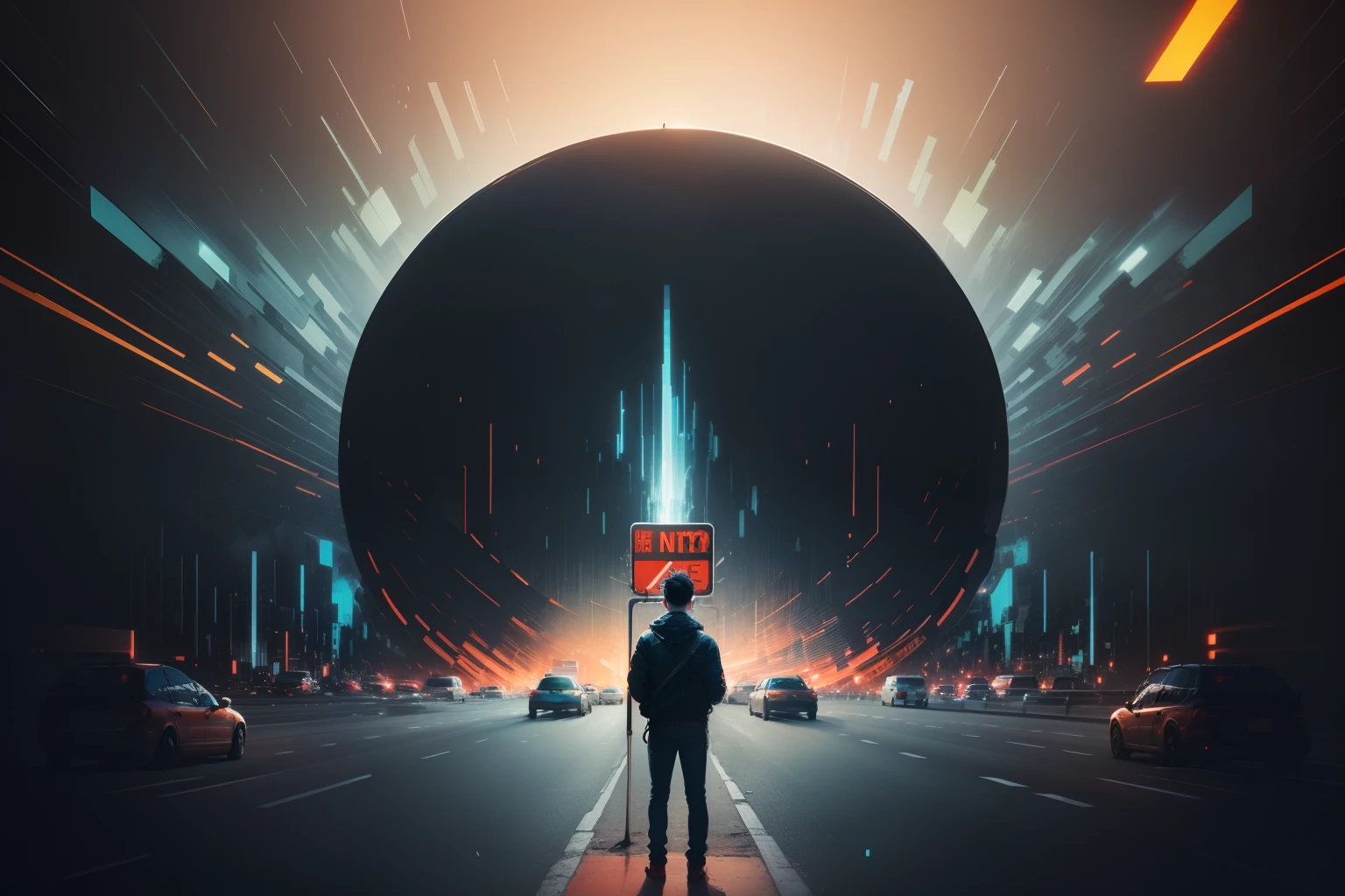 earth under construction, 8k, top quality, (glitch effect on whole of background:1.6), man standing on road, scenery, (huge traffic sign saying "No Entry":1.3), vivid coloring