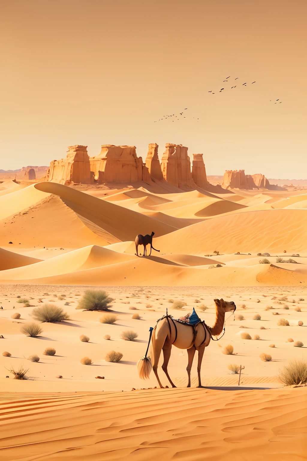 A cute cat,on the desert, There are camels in the distance in the desert.
