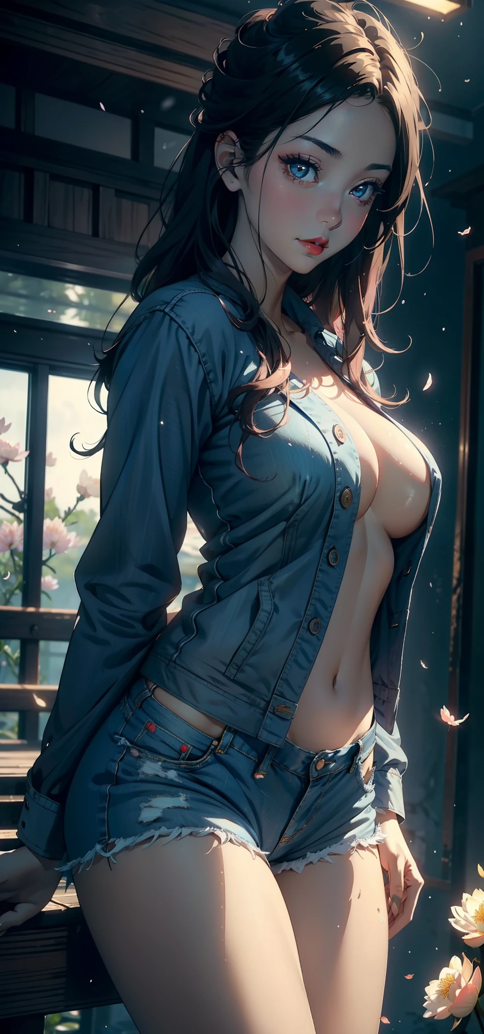 1female，45 yers old，Married Woman，熟妇，plumw，extremely large bosom， 独奏，（Background with：ponds，Cherry blossom forest，lotus flower）Lie underwater， She has long pink hair，seen from the front，， mostly cloudy sky，（（（tmasterpiece），（Very detailed CG unity 8K wallpaper），best qualtiy，cinmatic lighting，detailed back ground，beatiful detailed eyes，Bright pupils，Black eyes，Snow-whiteskin，Redlip（Very fine and beautiful），（Beautiful and detailed eye description），ultra - detailed，tmasterpiece，））facing at camera，A high resolution，ultra - detailed），revealing breasts，Bare genitalia，  Bulge，legs are open，Raised sexy，Camel toes，Desire for dissatisfaction，frontage，（Wearing：Blue denim jacket，lace panty）