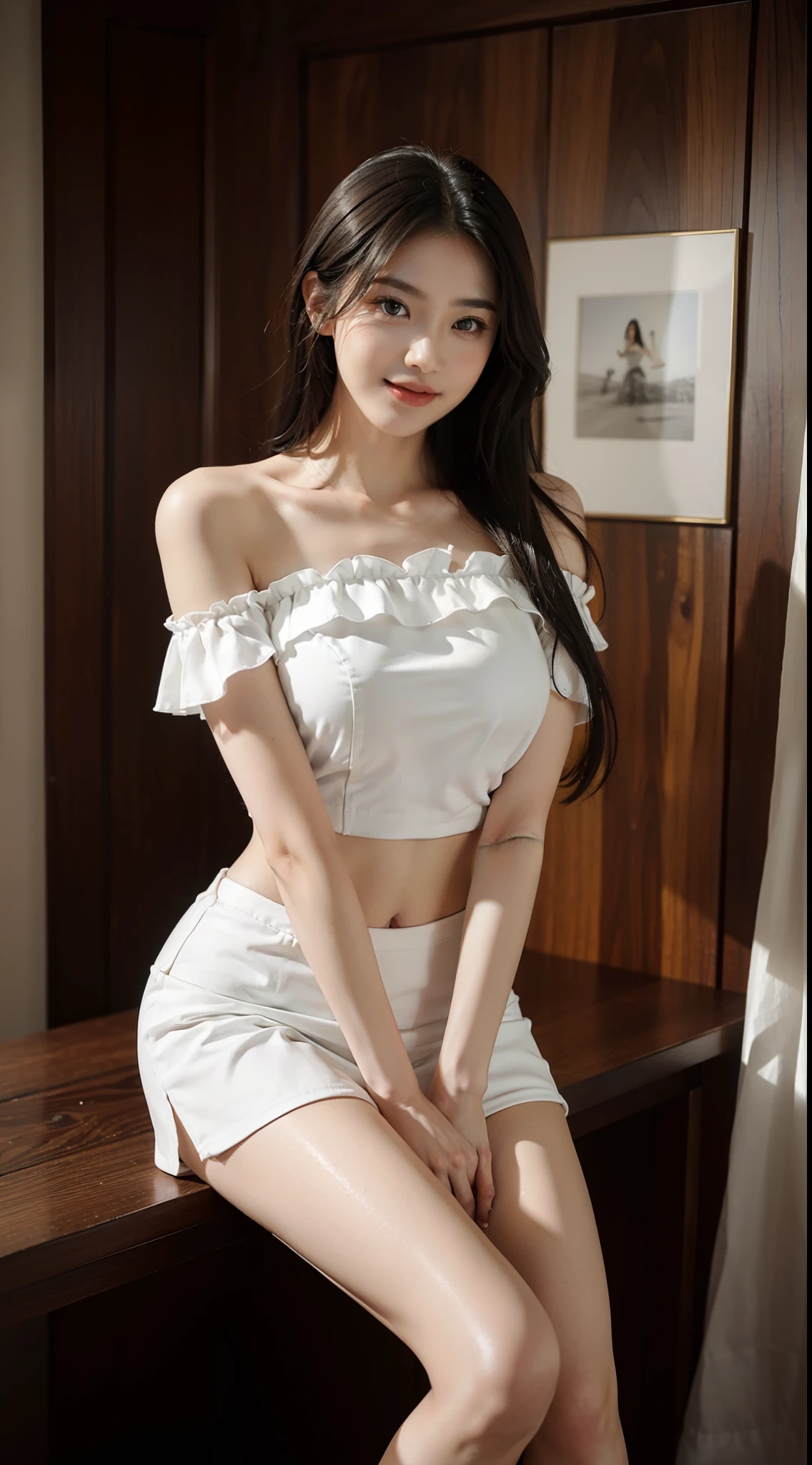 On the white sofa,There is a beauty that catches the eye。She has a slim figure,Wear a short skirt,White off-the-shoulder vest。Crop topping,Long legs,Arm fingers are realistic and clear,It looks more elegant。In terms of appearance,She has long black and shiny hair,Long hair fluttering, Fair skin like jade,The facial features are delicate and picturesque,Especially those big bright eyes,It seems to be able to see through people's hearts。She often has a smile on her lips,Exudes charming confidence and charm,Best quality,Face to face audience,cute smiling,Charming,Beautiful posture,Curvy body