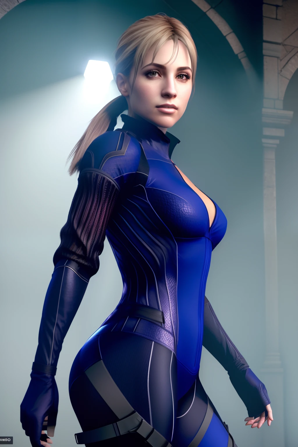 Jill Valentine RE5, 1girl, solo, (8k, foto RAW, mejor calidad, obra maestra: 1.2), (realista, fotorrealista: 1.37), retrato, Pro Lighting, mapeo de fotones, radiosidad, Physics-based rendering, 4k, high resolusion, obra maestra, mejor calidad, piel finamente detallada, foco nítido, (cinematography lighting), 鎖骨, soft illuminaotion, al aire libre, bodysuit, piel apretada, cabello rubio,, enfoque de, mirando al espectador, cuerpo completo, pecho grande,
