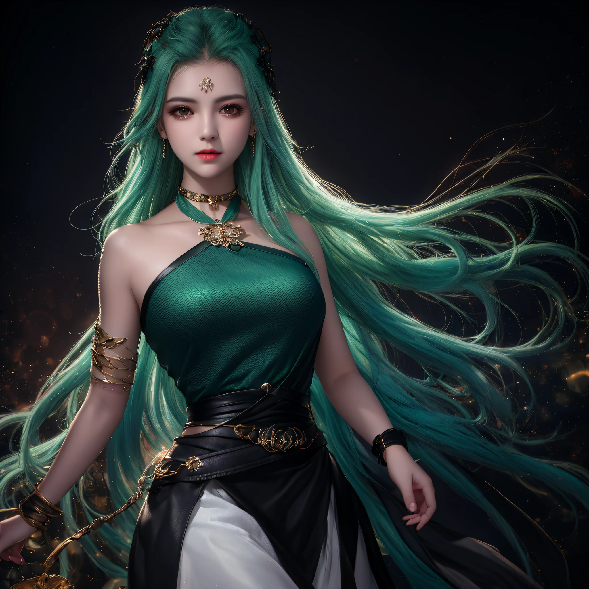 A woman with long green hair and a green dress - SeaArt AI