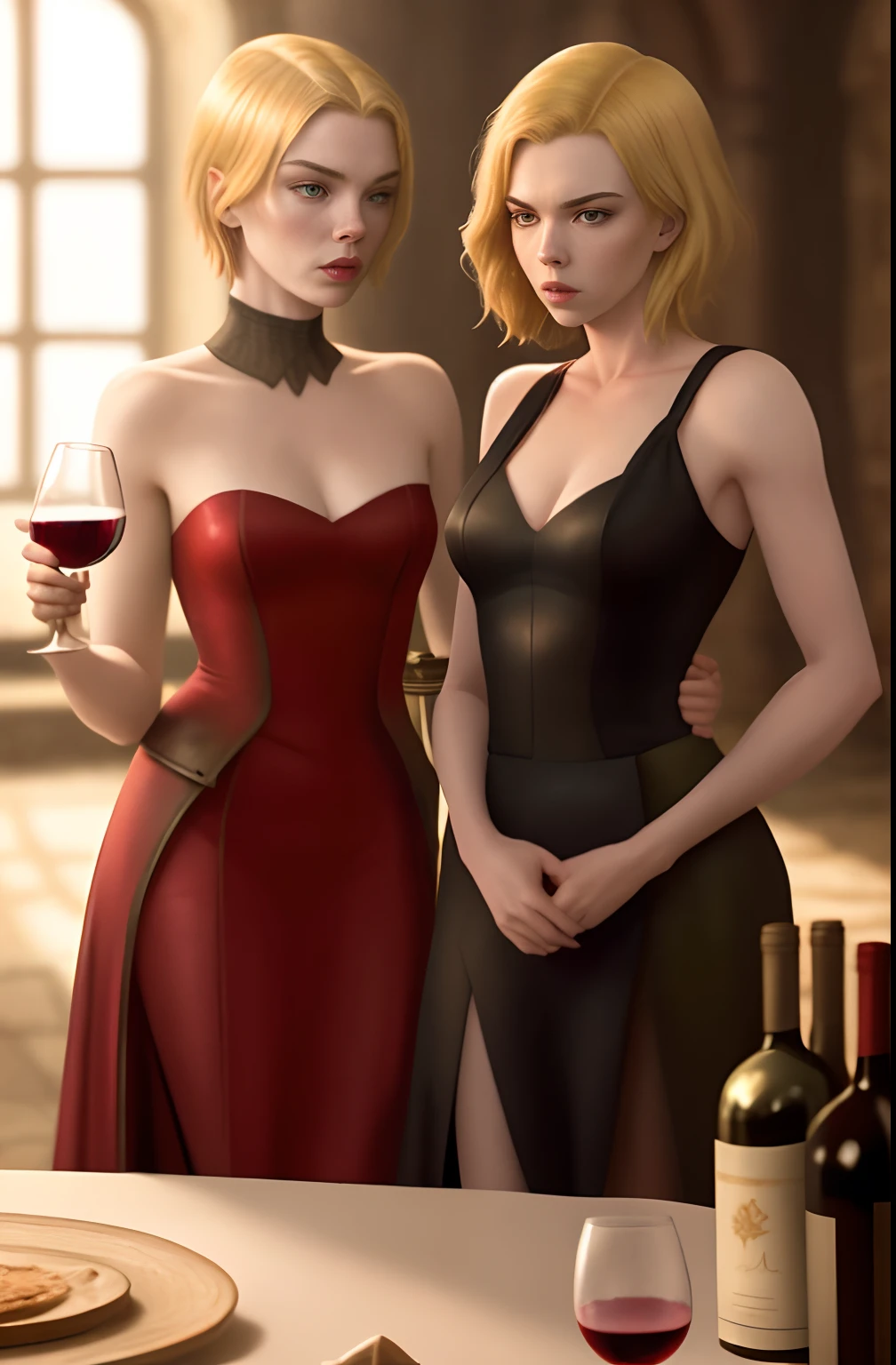 A young woman witch with dark hair stands on the baths and shakes a female vampire with short red hair