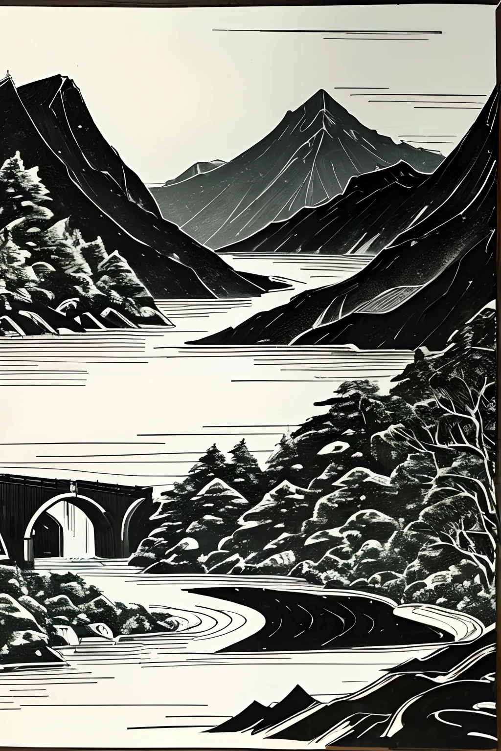 woodblock，black andwhite，mountain water，Less detail，Thick lines，hight contrast，Absolute black and white，China-style，Meticulous，uneven