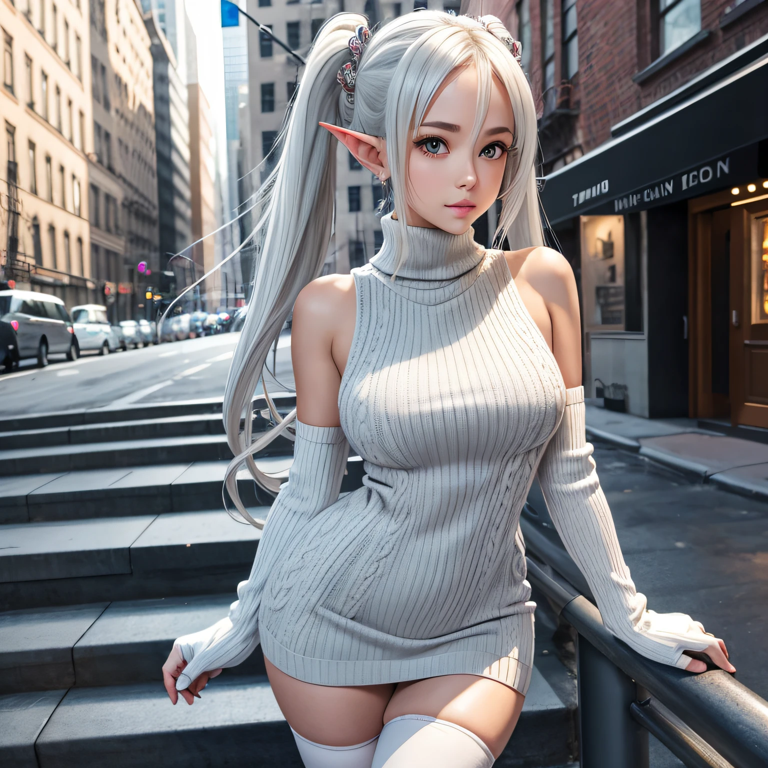 masterpiece, best quality, Newyork city background,, 1girl, solo, creamy skin, gloves, twintails, long hair, white thighhighs, aran sweater, white hair, cable knit, turtleneck, pointy ears, elf, looking at viewer, stairs, bare shoulders, sleeveless, zettai ryouiki, white gloves, lips, sweater dress, grey eyes, breasts, hair ornament, standing, elbow gloves,