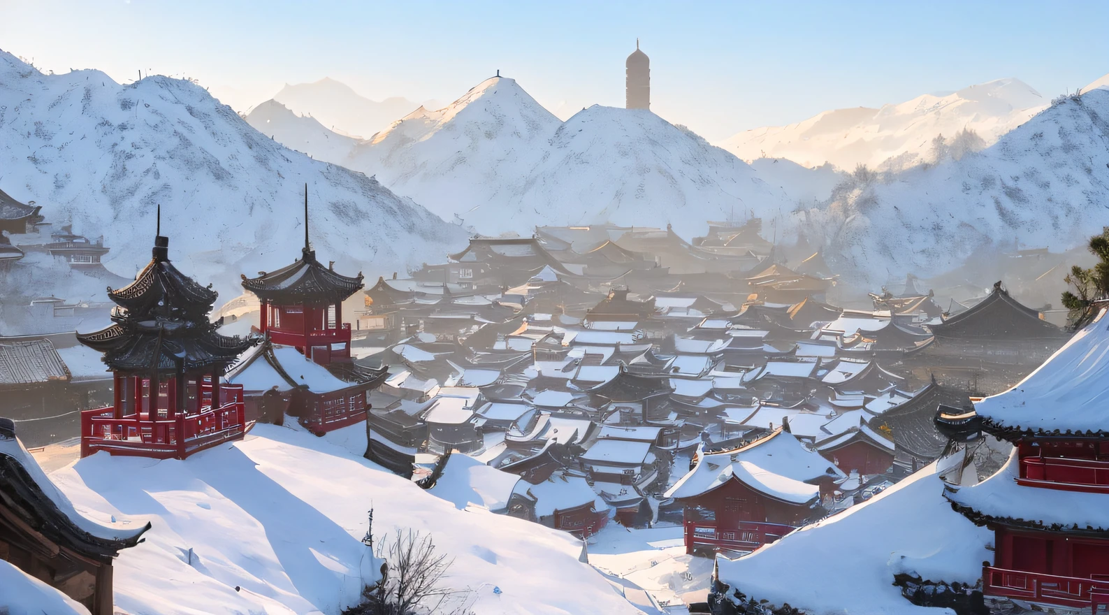 Impeccable，mountains in the distant，Snow-covered roof and bell tower, dreamy Chinese towns,