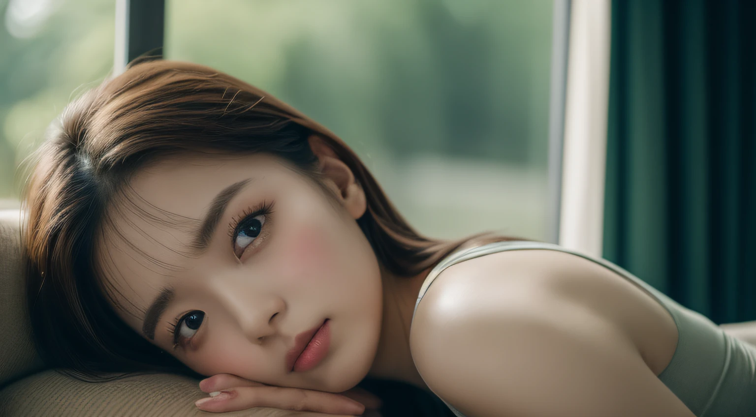 Woman lying on sofa:1.2、(heavy rain outside the window:1.2)、House in the forest、(huge window:1.2)、(Dark Private Studio, Dark, Atmospheric light: 1.2)、bustshot、(facial close-up:1.2)、tilt the neck、Soft lighting、Absolutely excellent images, very extremely beautiful、masterpiece, top-quality,kawaii、20 year old girl、Realistic young cute idol、8k、( face perfect)、(perfect hand)、Puritanism