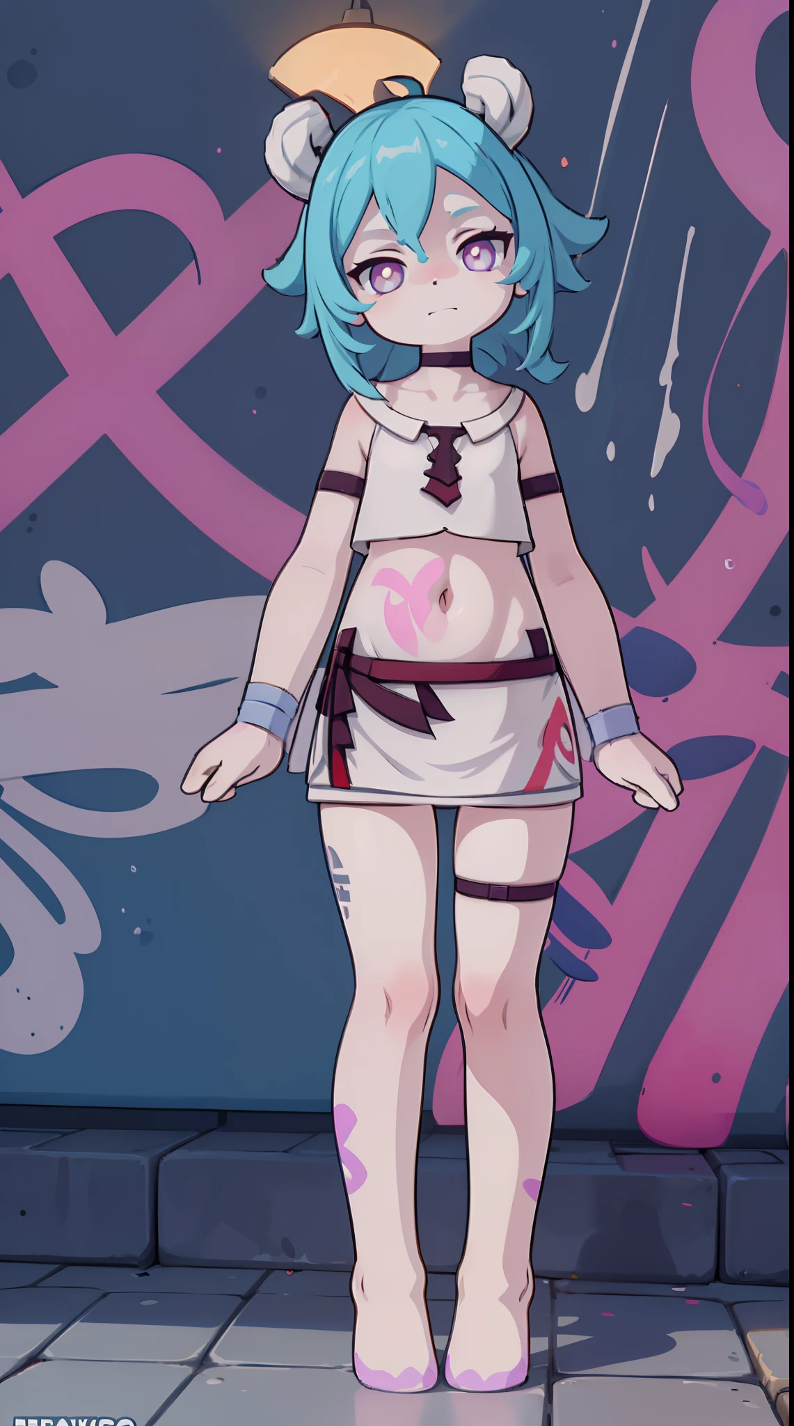 Melousine | genshin impact, master-piece, bestquality, 1girls,25 years old, proportional body, elongated legs, proportional., Wedding Dresses, mediuml breasts, ,bara, crop top, choker, (Graffiti:1.5), Splash with purple lightning pattern., arm behind back, against wall, View viewers from the front., Thigh strap, Head tilt, bored, 10, 10, HD, slight smile,
