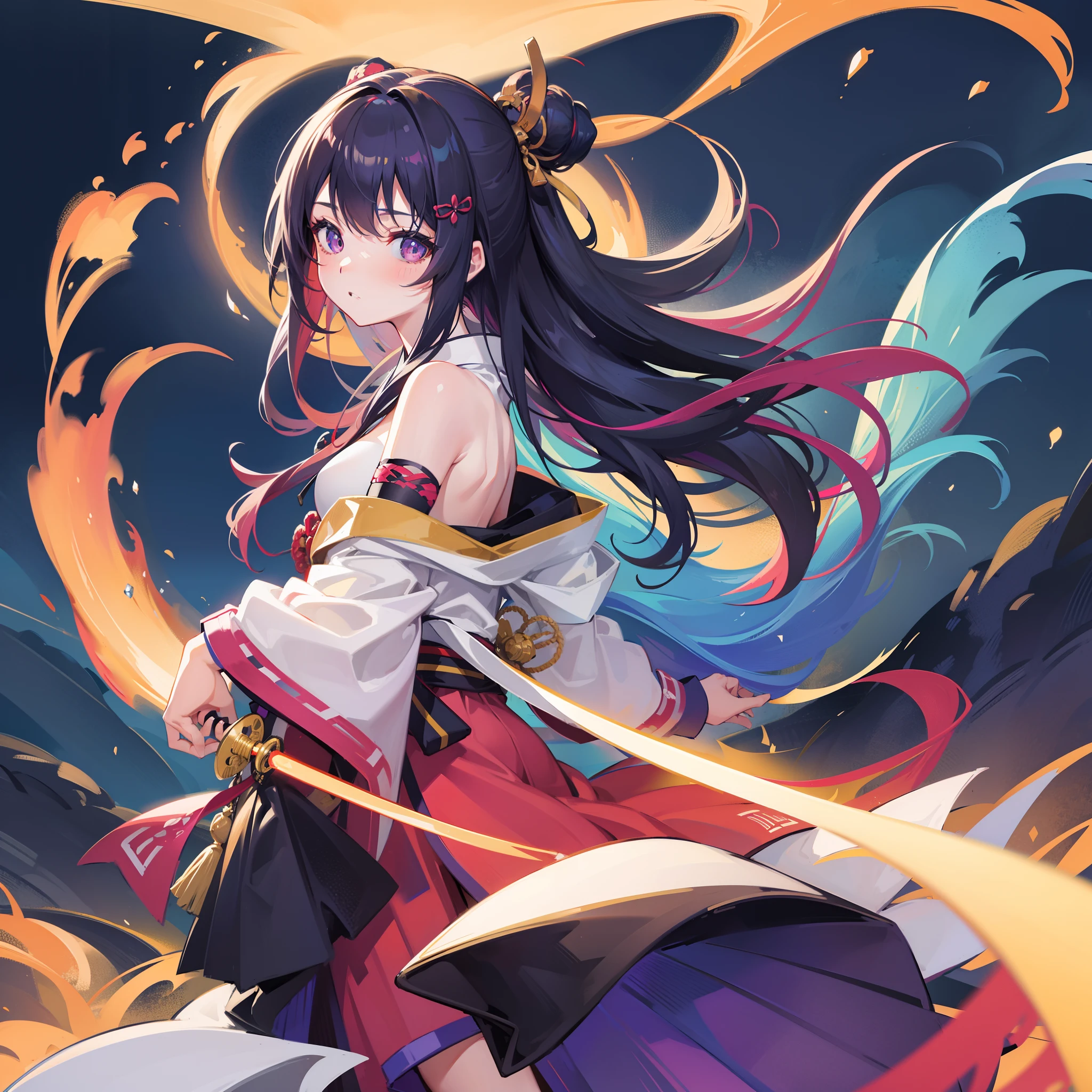 colourfull、Kimono、Fighting Girl Solo、Japanese Sword、cute little、sexypose、masuter piece、A detailed、night mode、Active、presence、dynamic ungle、