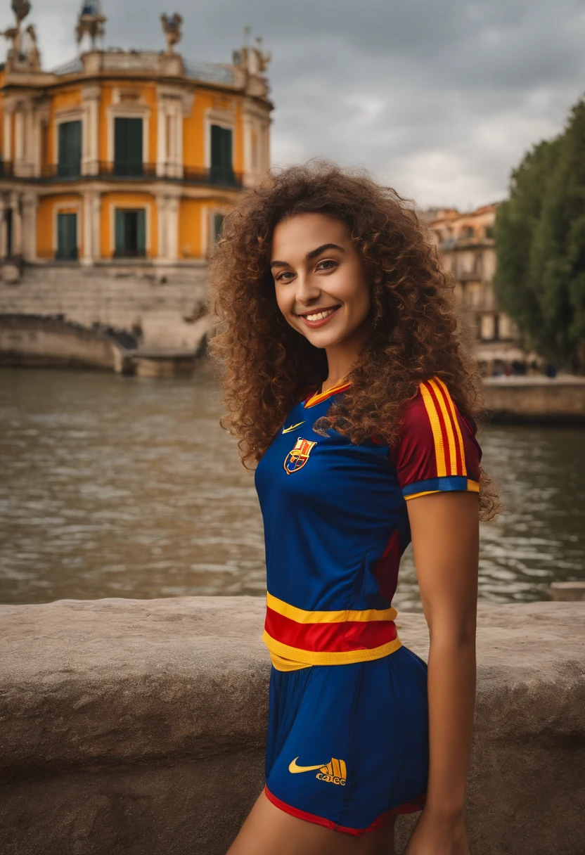 A rather small young woman of slim stature and sculpted body, white skin and thin face , un regard saisissant yeux verts avec des touche de jaunes, curly brown hair, very nice smile.She takes a selfie with a Barça jersey with Jules Koundé