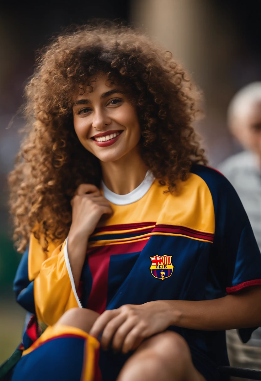 A rather small young woman of slim stature and sculpted body, white skin and thin face , un regard saisissant yeux verts avec des touche de jaunes, curly brown hair, very nice smile.She takes a selfie with a Barça jersey with Jules Koundé