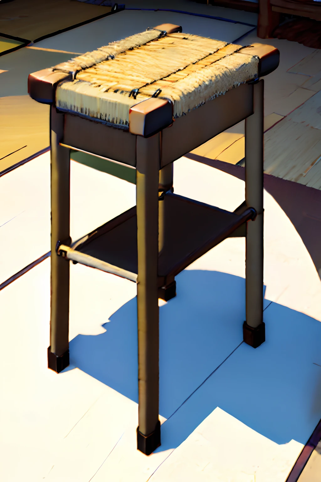 Bamboo woven stool，Made of bamboo strips，A bamboo stool is placed on a warm-colored floor。