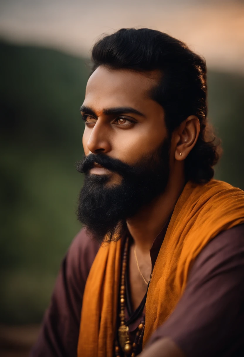 (best quality,highres,realistic:1.37),energetic, intelligent young Indian man with black beards, official haircut, and deeply spiritual, vibrant colors, detailed facial features, expressive eyes, confident smile, traditional attire, ancient Indian symbols in the background, sacred aura, divine light, ethereal atmosphere, mystical vibes, traditional music playing softly, golden sunlight casting a warm glow, serene and peaceful surroundings, a sense of enlightenment and wisdom in his demeanor