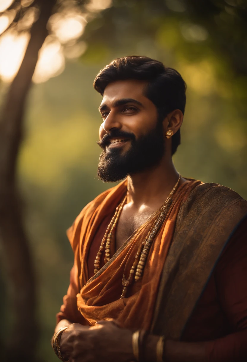 (best quality,highres,realistic:1.37),energetic, intelligent young Indian man with black beards, official haircut, and deeply spiritual, vibrant colors, detailed facial features, expressive eyes, confident smile, traditional attire, ancient Indian symbols in the background, sacred aura, divine light, ethereal atmosphere, mystical vibes, traditional music playing softly, golden sunlight casting a warm glow, serene and peaceful surroundings, a sense of enlightenment and wisdom in his demeanor