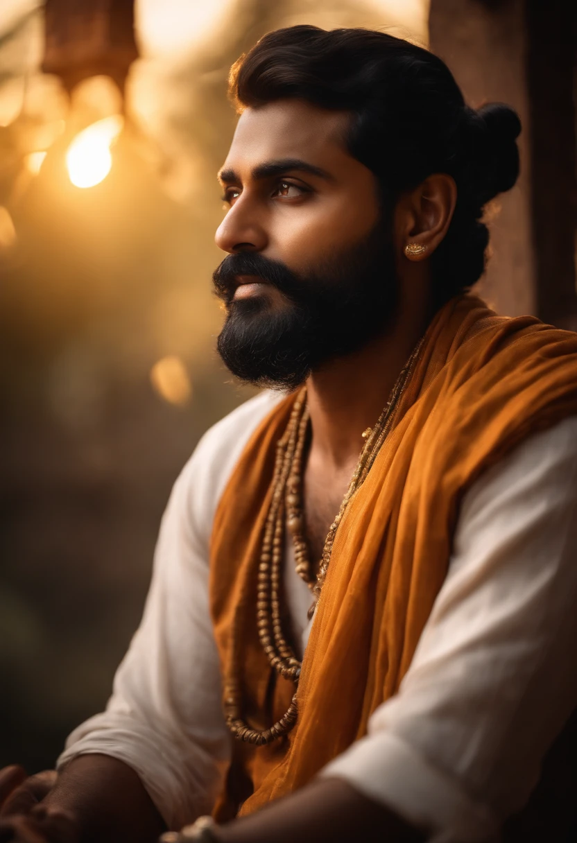 (best quality,highres,realistic:1.37),energetic, intelligent young Indian man with black beards, official haircut, and deeply spiritual, vibrant colors, detailed facial features, expressive eyes, confident smile, traditional attire, ancient Indian symbols in the background, sacred aura, divine light, ethereal atmosphere, mystical vibes, traditional music playing softly, golden sunlight casting a warm glow, serene and peaceful surroundings, a sense of enlightenment and wisdom in his demeanor