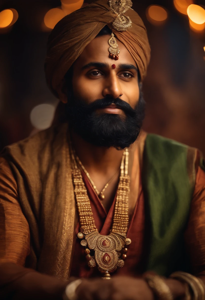 (best quality,highres,realistic:1.37),energetic, intelligent young Indian man with black beards, official haircut, and deeply spiritual, vibrant colors, detailed facial features, expressive eyes, confident smile, traditional attire, ancient Indian symbols in the background, sacred aura, divine light, ethereal atmosphere, mystical vibes, traditional music playing softly, golden sunlight casting a warm glow, serene and peaceful surroundings, a sense of enlightenment and wisdom in his demeanor