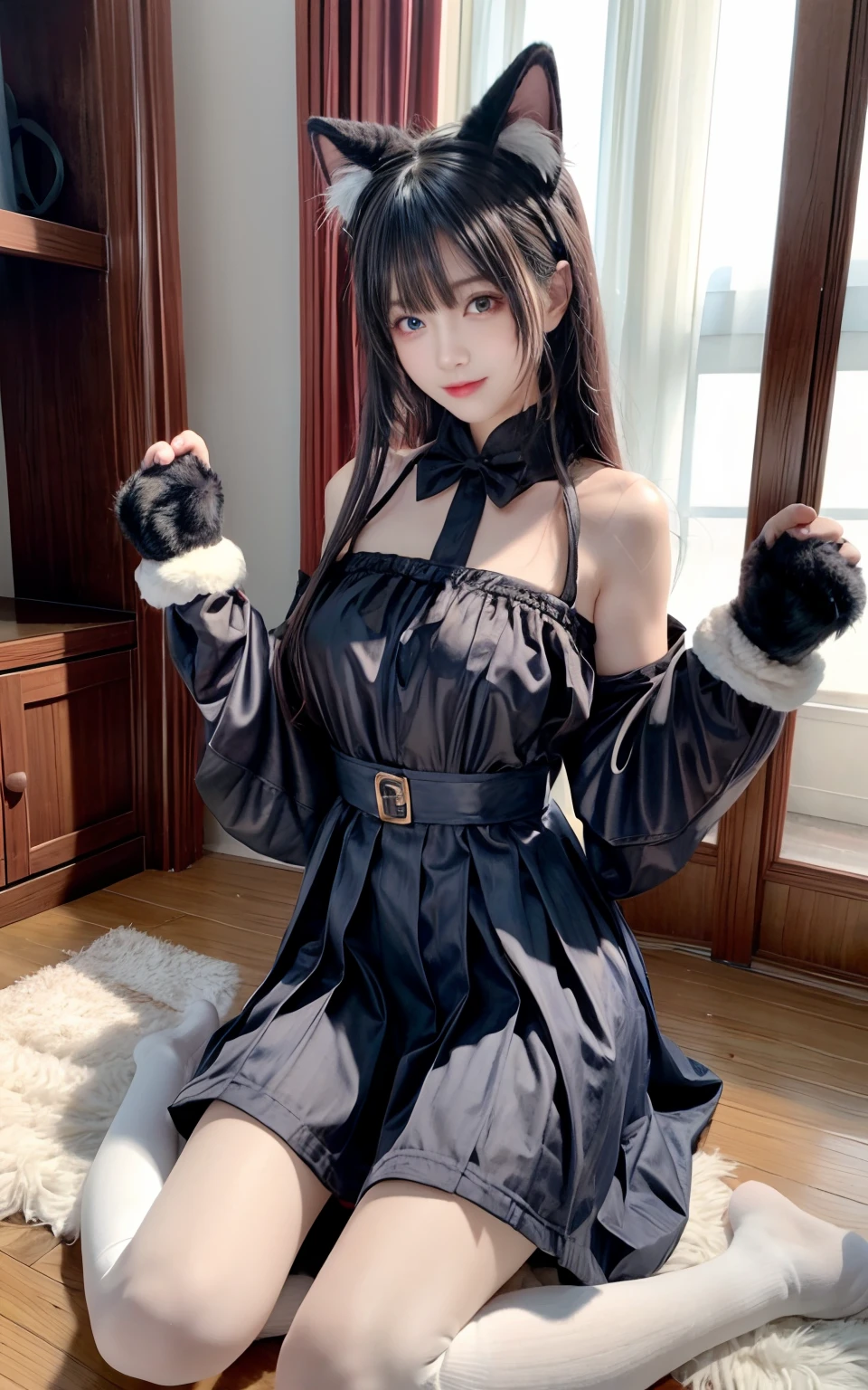 （tmasterpiece，best qualtiy）， 1 beutiful girl， Cat ears， ssmile， Slim body， （校服：1.1）， （Detailed beautiful eyes）， paw mittens， Bedrooms， inside in room，White leg socks，Bigchest，huge tit，