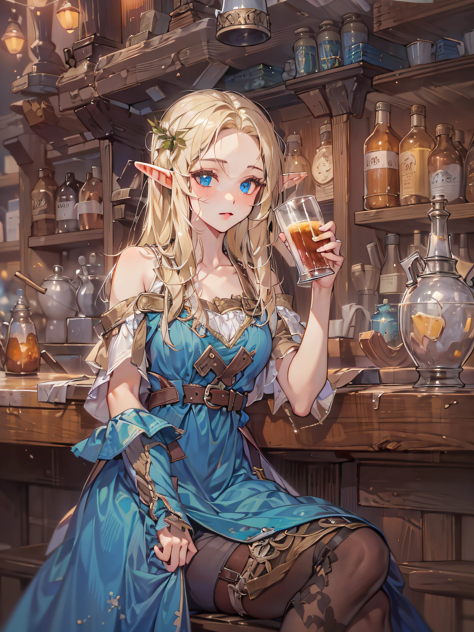 elf girl, blonde long hair, blue eyes, blue dress, drinking ale, at a old style bar