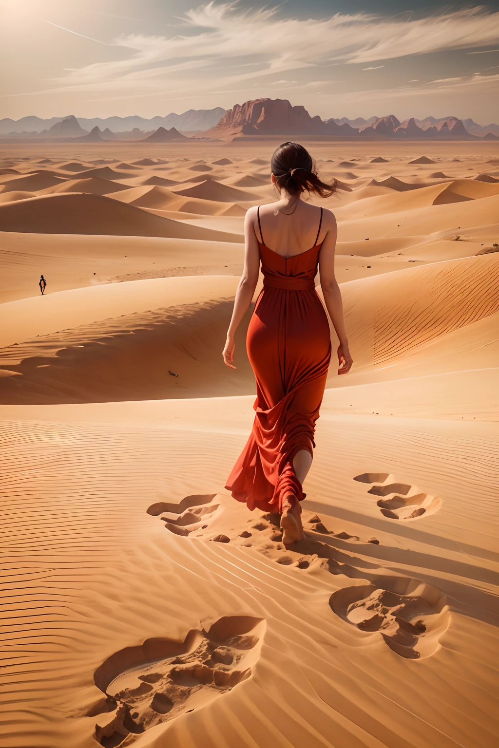 woman, Red dress, Standing on the desert, There are footprints in the desert.
