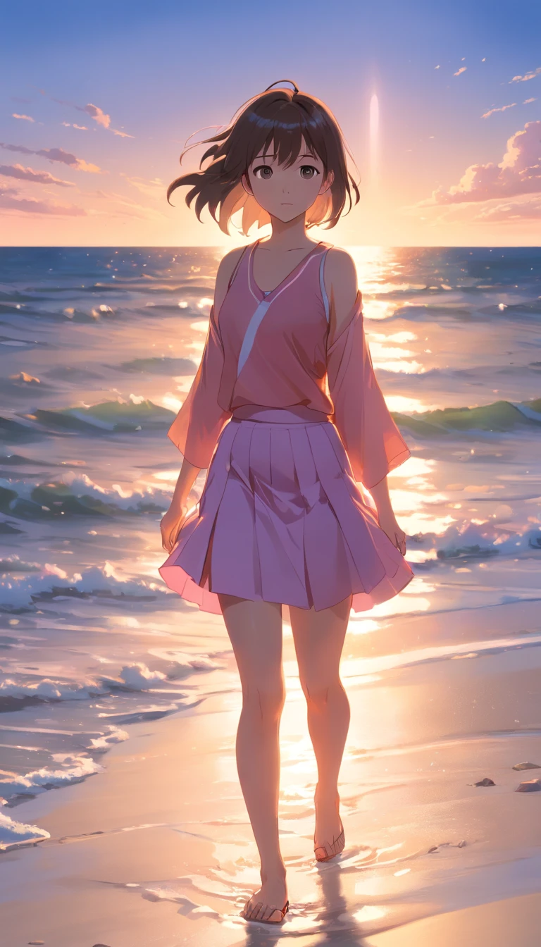 best qualtiy，tmasterpiece，超高分辨率，（真实感：1.4），RAW photogr，warm lights，The sea and the beach，1girll，Walking on the beach with bare upper body，Short pink skirt，sandals，the setting sun，cabelos preto e longos，（Slim，Dignified，shyexpression），Beautiful  girl，Beautiful goddess，Detailed scenes, Beautiful digital illustration, the detail，Hyper-detailed, Cinematic quality，((From below))