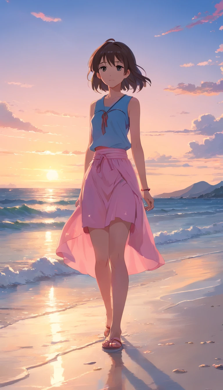 best qualtiy，tmasterpiece，超高分辨率，（真实感：1.4），RAW photogr，warm lights，The sea and the beach，1girll，Walking on the beach with bare upper body，Short pink skirt，sandals，the setting sun，cabelos preto e longos，（Slim，Dignified，shyexpression），Beautiful  girl，Beautiful goddess，Detailed scenes, Beautiful digital illustration, the detail，Hyper-detailed, Cinematic quality，((From below))