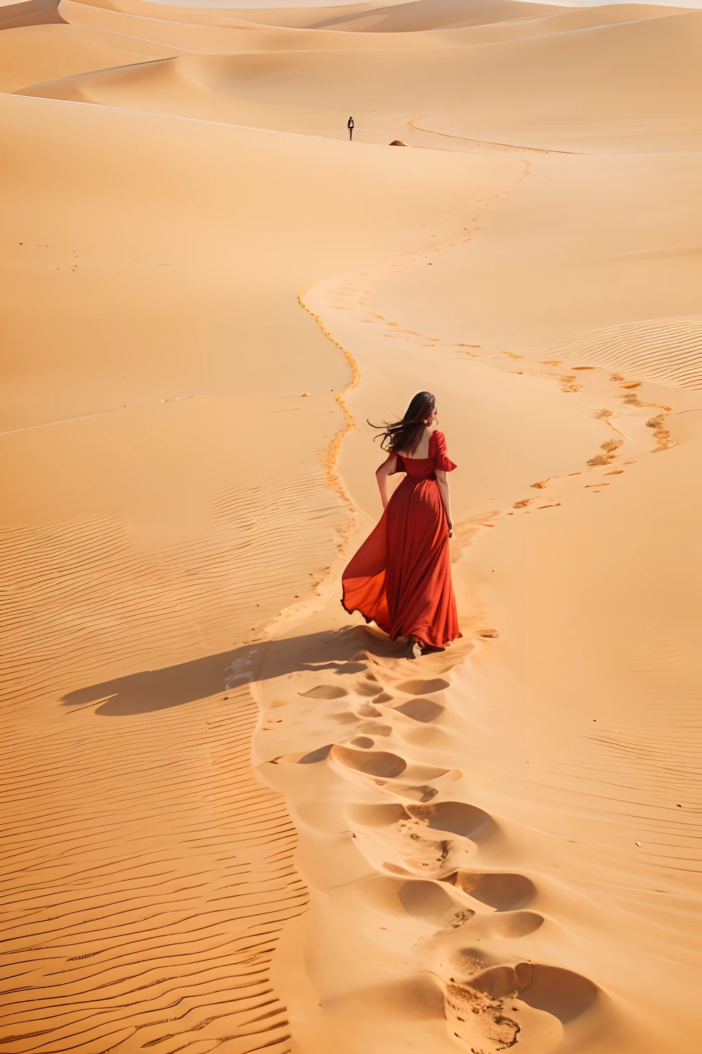 woman, Red dress, Standing on the desert, There are footprints in the desert.
