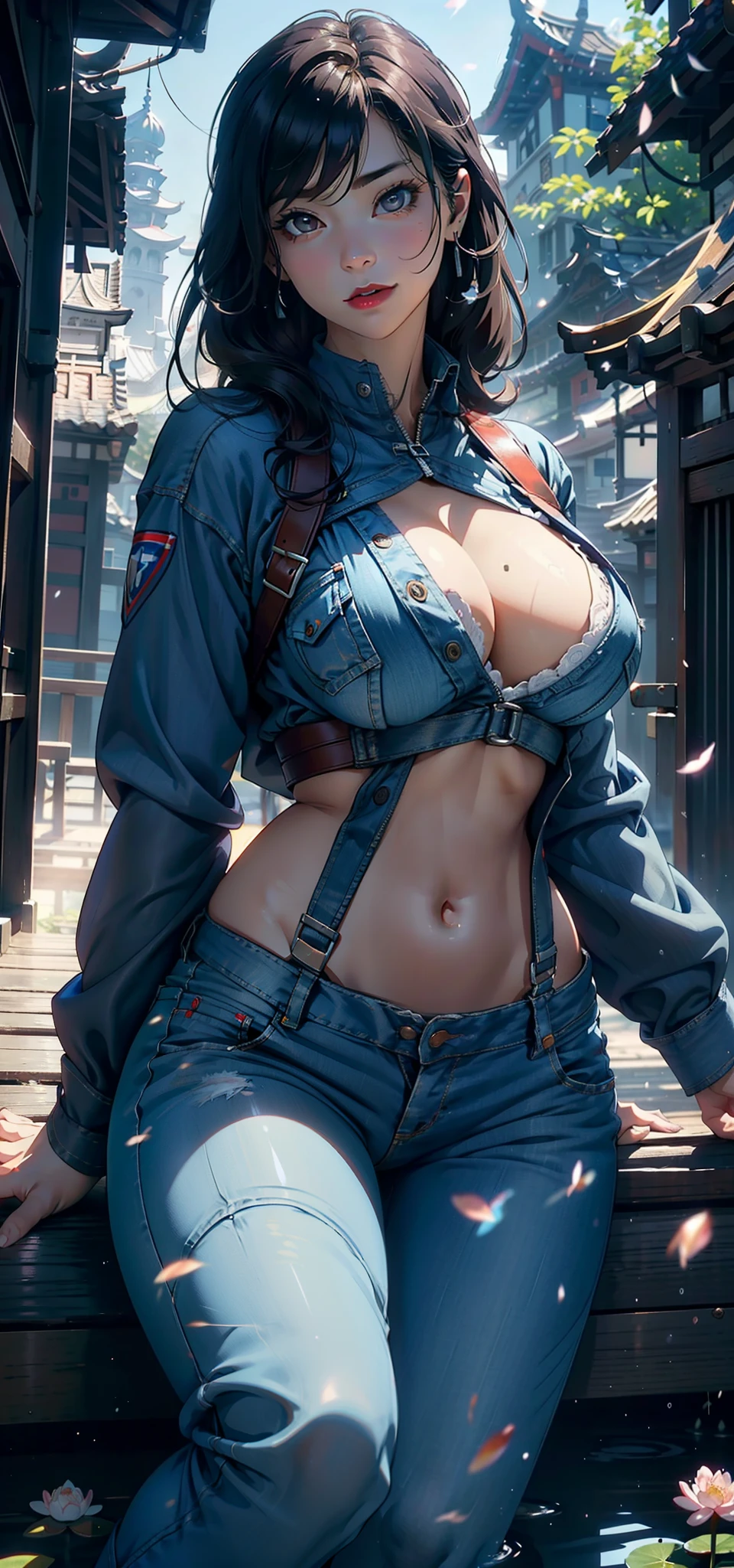 1female,45 yers old,Married Woman,熟妇,plumw,extremely large bosom, 独奏,(Background with:ponds,Cherry blossom forest,lotus flower)Lie underwater, She has long pink hair,seen from the front,, mostly cloudy sky,(((tmasterpiece),(Very detailed CG unity 8K wallpaper),best qualtiy,cinmatic lighting,detailed back ground,beatiful detailed eyes,Bright pupils,Black eyes,Snow-whiteskin,Redlip(Very fine and beautiful),(Beautiful and detailed eye description),ultra - detailed,tmasterpiece,))facing at camera,A high resolution,ultra - detailed),revealing breasts,Bare genitalia, Bulge,legs are open,Raised sexy,Camel toes,Desire for dissatisfaction,frontage,(Wearing:Blue denim jacket,Captain America uniform)