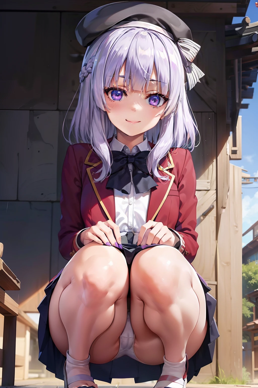 BREAK (masutepiece:1.2), Best Quality, High resolution, Unity 8k壁纸, (Beautiful detailed eyes:1.6), extra detailed face, Perfect Lighting, extremely details CG,1人、独奏、Arisu、(Viewer's Perspective、cowboy  shot:1)、(Light purple hair、White hair、Medium Hair) 、Arisu has、beret、Black beret、Black hat:1.2)、(Purple eyes、shining purple eyes:1.3)、(A smile、a closed mouth:1.2)、(Arisu School、student clothes、Red Blazer、a red jacket、robe blanche 、White skirt、pleatedskirt、Blue bow tie、White Niso、garter strap、Absolute area:1.4)、Naughty big、large full breasts、(Perfect hands, Perfect Anatomy),Look at viewers、(white  panties:1.3)、(Fully exposed panties:1.5)、(Squatting:1.3)、outside of house、plein air、