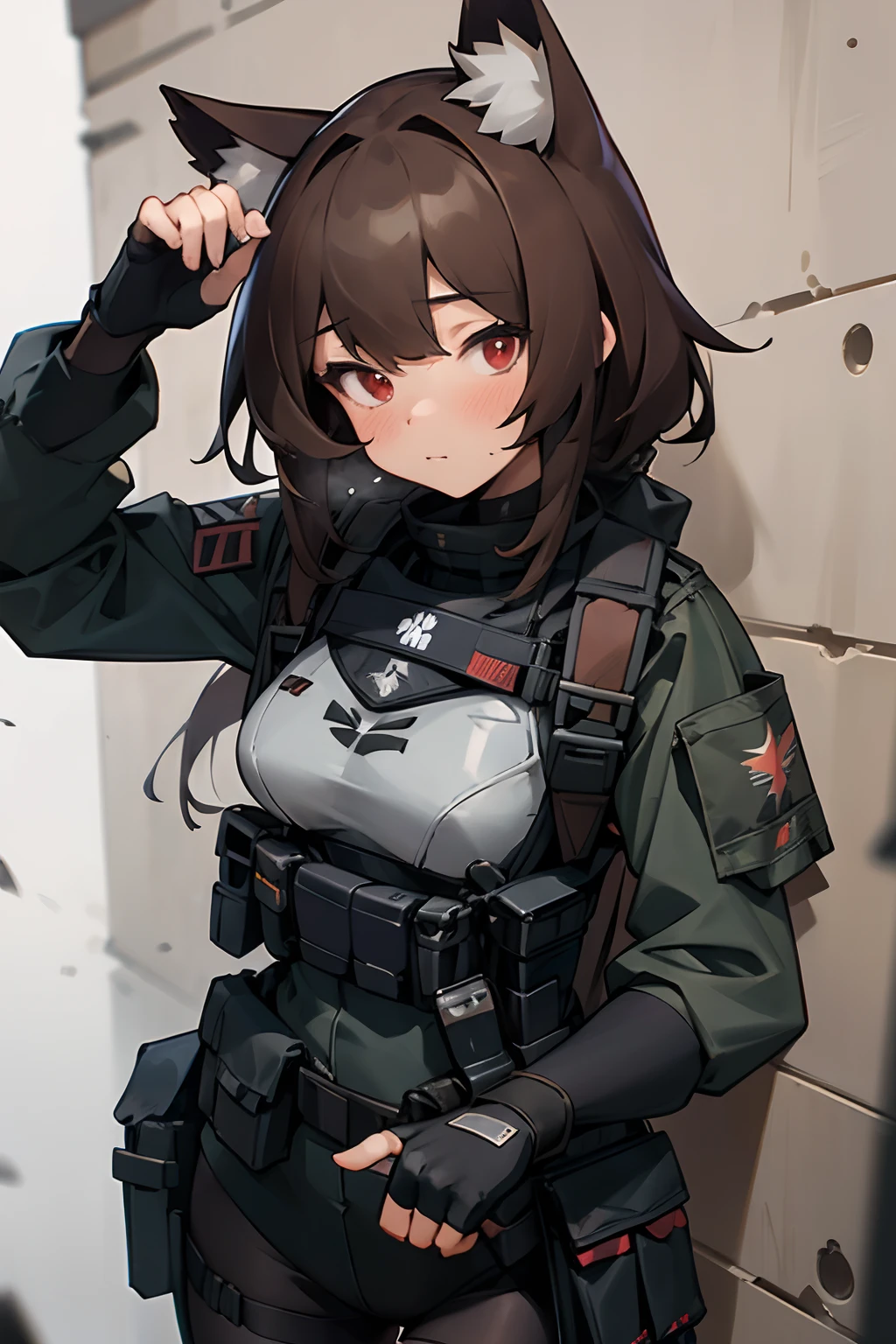 masterpiece, 8k, high quality, 1 girl, cat ears, (face portrait), red eyes, stockings, fingerless gloves, brown hair, (closeup), armor insert, ballistic plate, platecarrier, tactical armor, molle, tactical vest, chest rig, military, bulletproof armor, security equipment, peacekeeper, dystopian