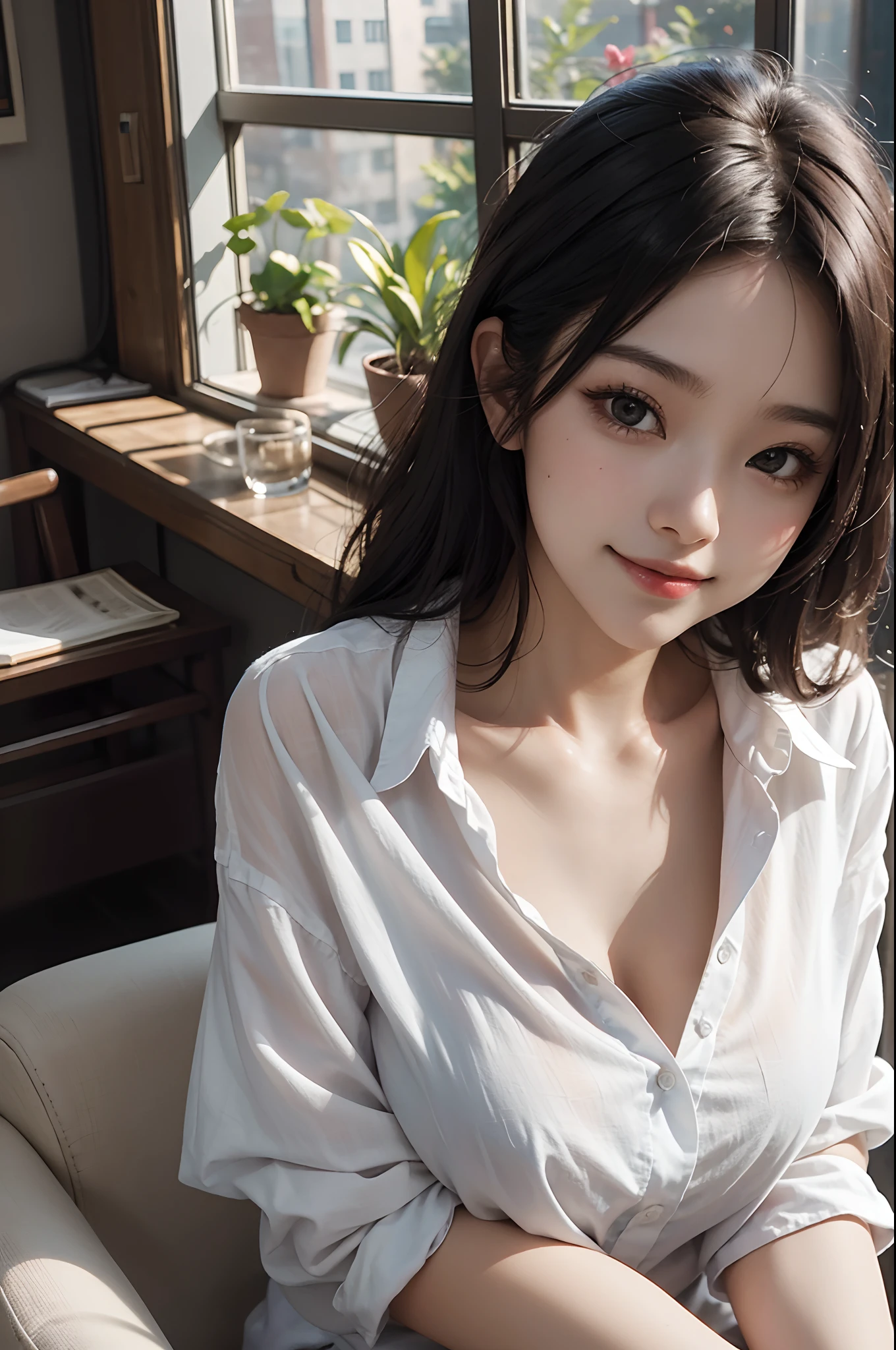 (masterpiece), (best quality), 8k resolution, 1girl, Asian girl, stunning beauty, perfect face, mature female, 20yo, sexy, sunny, window, sitting on the chair, wearing linen shirt, white shirt, oversize shirt, smile