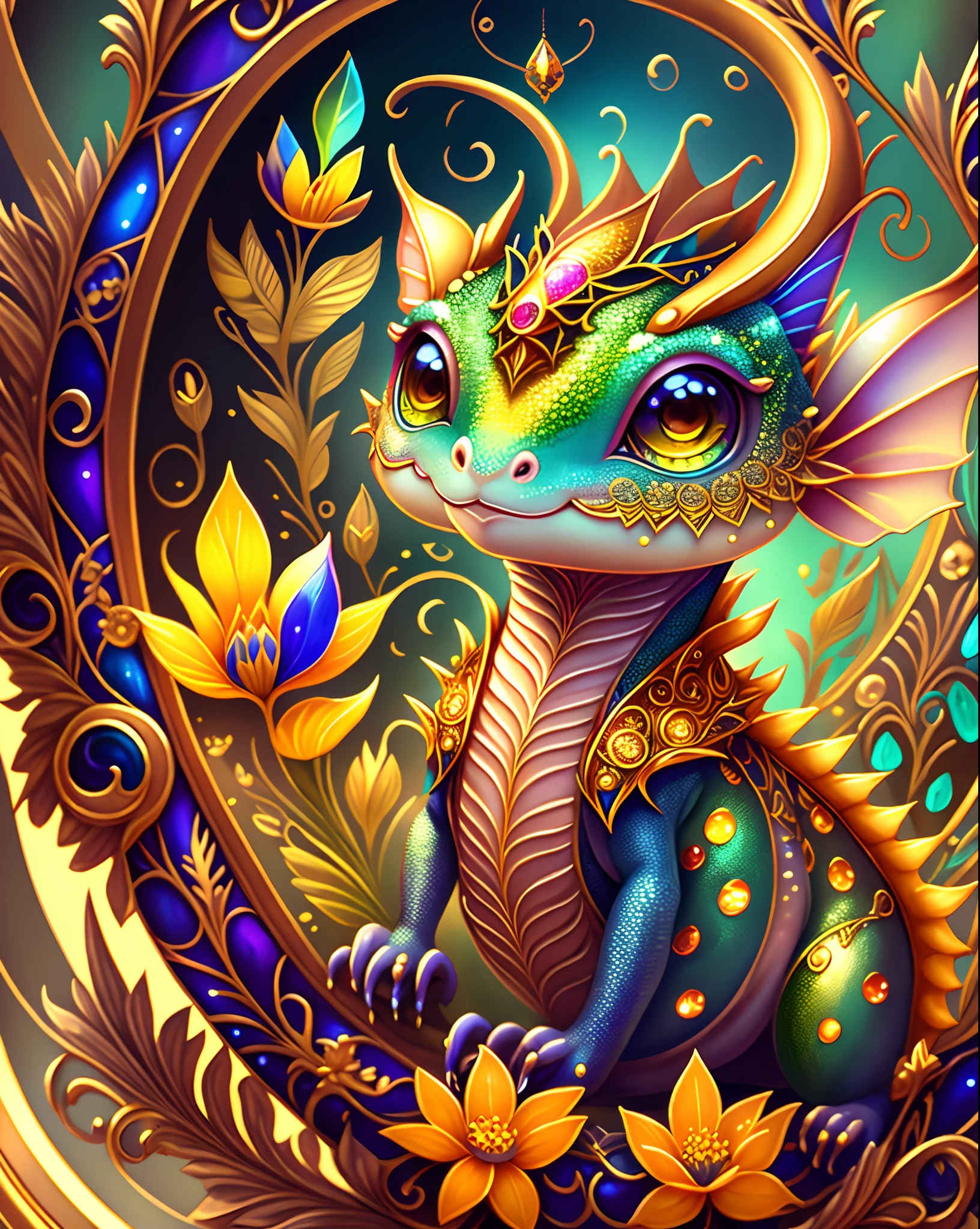 luminism, fantasy acrylic, digital painting, a close up little rainbow dragon creature glittering skin, cute face, big eyes, iridescent skin scales, filigree, filigree details, hyperdetailed, big reflective eyes, glittering painting, amber, big matte detailed amber flowers, fairytale, golden glowing, rim lighting, artstation, by Peter Mohrbacher, craola, rococo painting, masterpiece, .centered composition, perfect composition, centered, vibrant colors, 3d textural painting, sculptural painting --auto --s2