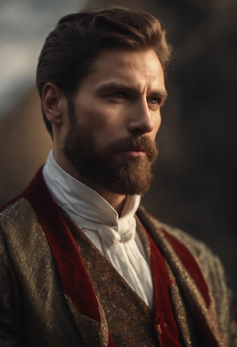 (best quality,4k,8k,highres,masterpiece:1.2),ultra-detailed,(realistic,photorealistic,photo-realistic:1.37),portrait,russian gentleman,young,well-shaped,short beards,intense gaze,wavy hair,black boots,blue jeans,white vest,fine fabric texture,vivid colors,studio lighting,sharp focus