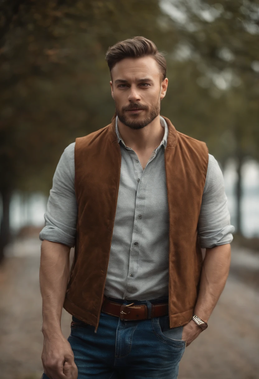 (best quality,4k,8k,highres,masterpiece:1.2),ultra-detailed,(realistic,photorealistic,photo-realistic:1.37),portrait,russian gentleman,young,well-shaped,short beards,intense gaze,wavy hair,black boots,blue jeans,white vest,fine fabric texture,vivid colors,studio lighting,sharp focus