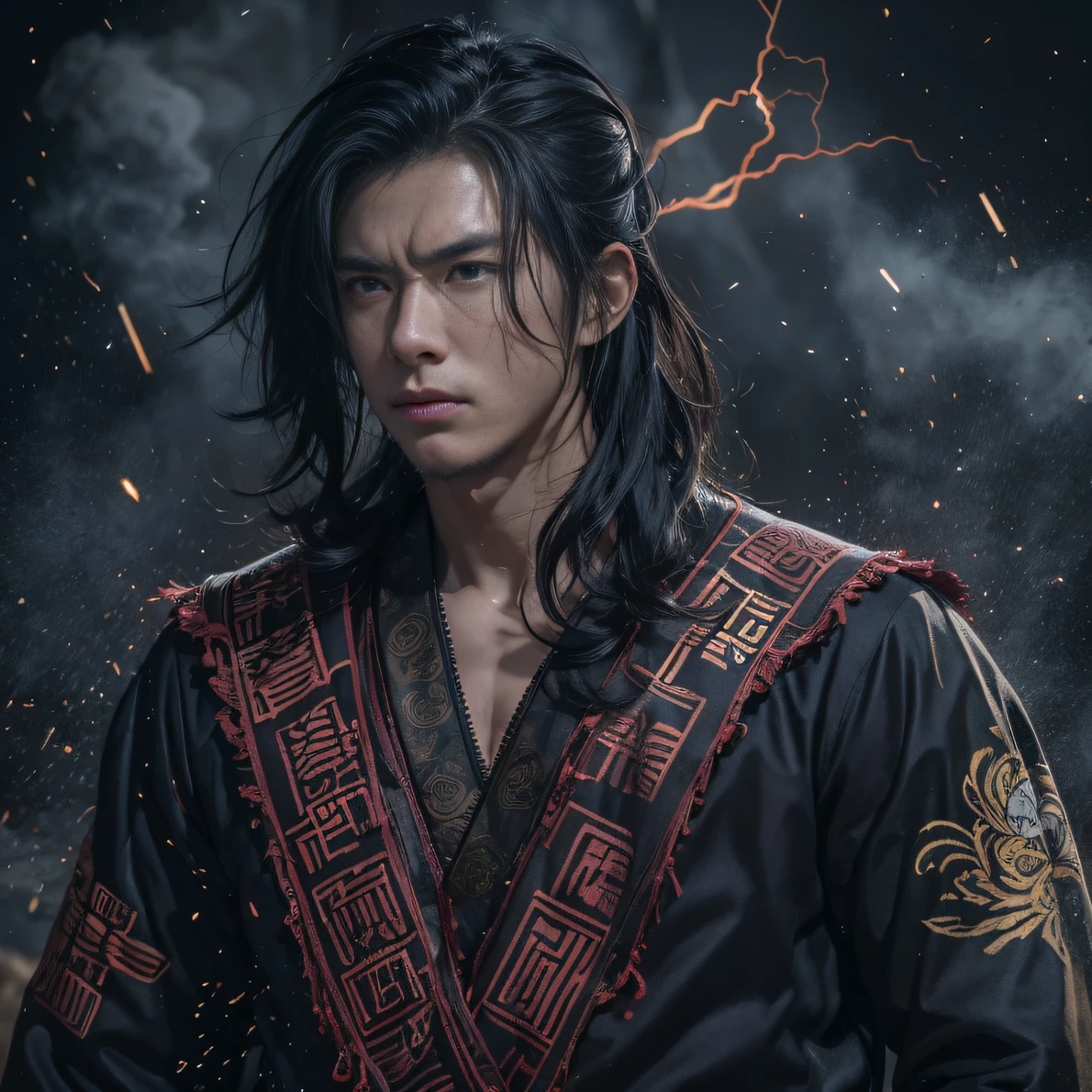 Face away from the camera（废墟）eyes filled with angry，He clenched his fists，Rush up，Deliver a fatal blow to your opponent，full bodyesbian，Full Body Male Mage 32K（tmasterpiece，k hd，hyper HD，32K）Long flowing black hair，Campsite size，zydink， a color， patriot （废墟）， （Linen batik scarf）， Angry fighting stance， looking at the ground， Batik linen bandana， Chinese camellia pattern long sleeve garment， （Abstract propylene splash：1.2）， Dark clouds lightning background，Flour flies（realisticlying：1.4），Black color hair，Flour fluttering，Background fog， A high resolution， the detail， RAW photogr，Telephoto miniaturization， Sharp Re， Nikon D850 Film Stock Photo by Jefferies Lee 4 Kodak Portra 400 Camera F1.6 shots, Rich colors, ultra-realistic vivid textures, Dramatic lighting, Unreal Engine Art Station Trend, cinestir 800，Flowing black hair,（（（Male mage））），The male mage was furious，