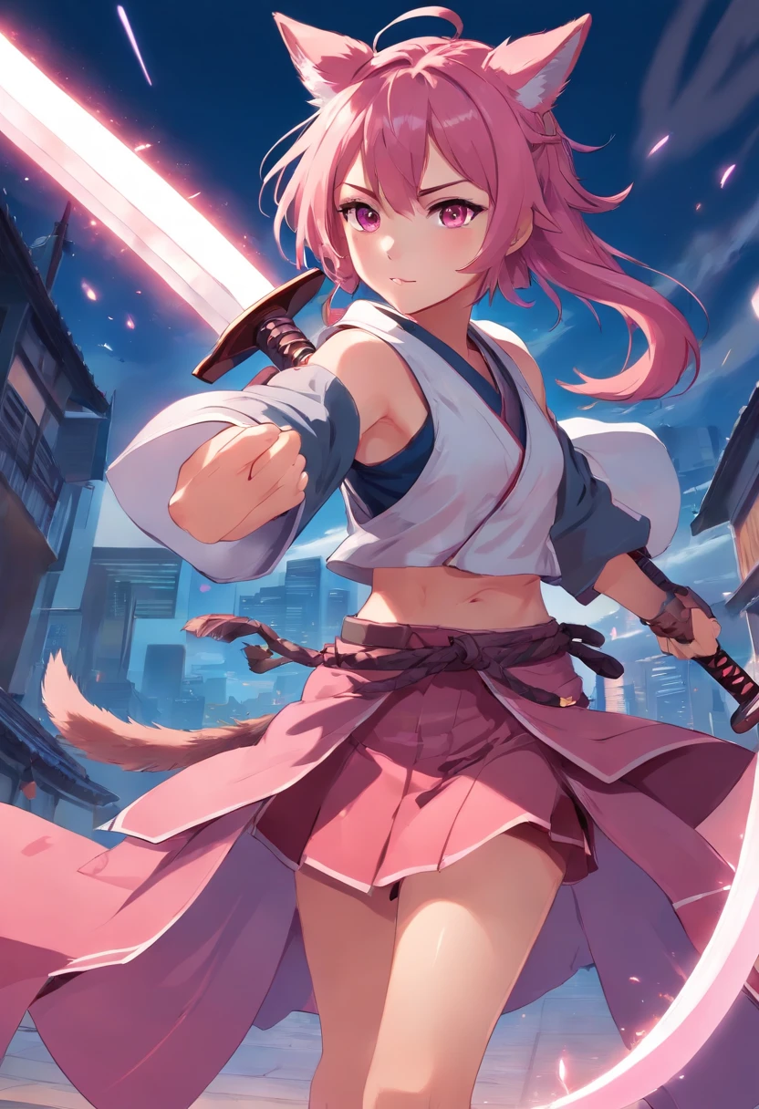 Anime girl with wolf ears and tail, Wearing a combat samurai suit, Carrying a large sword, The presence of protruding tusks, Vibesam of mankind..And she has pink hair and pink eyes