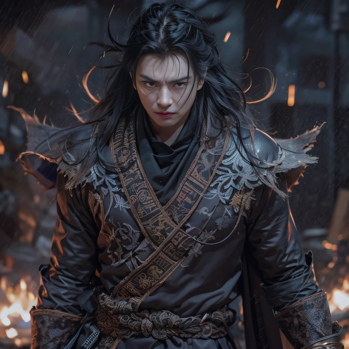 Face away from the camera（废墟）eyes filled with angry，He clenched his fists，Rush up，Deliver a fatal blow to your opponent，full bodyesbian，Full Body Male Mage 32K（tmasterpiece，k hd，hyper HD，32K）Long flowing black hair，Campsite size，zydink， a color， patriot （废墟）， （Linen batik scarf）， Angry fighting stance， looking at the ground， Batik linen bandana， Chinese camellia pattern long sleeve garment， （Abstract propylene splash：1.2）， Dark clouds lightning background，Flour flies（realisticlying：1.4），Black color hair，Flour fluttering，Background fog， A high resolution， the detail， RAW photogr，Telephoto miniaturization， Sharp Re， Nikon D850 Film Stock Photo by Jefferies Lee 4 Kodak Portra 400 Camera F1.6 shots, Rich colors, ultra-realistic vivid textures, Dramatic lighting, Unreal Engine Art Station Trend, cinestir 800，Flowing black hair,（（（Male mage））），The male mage was furious，