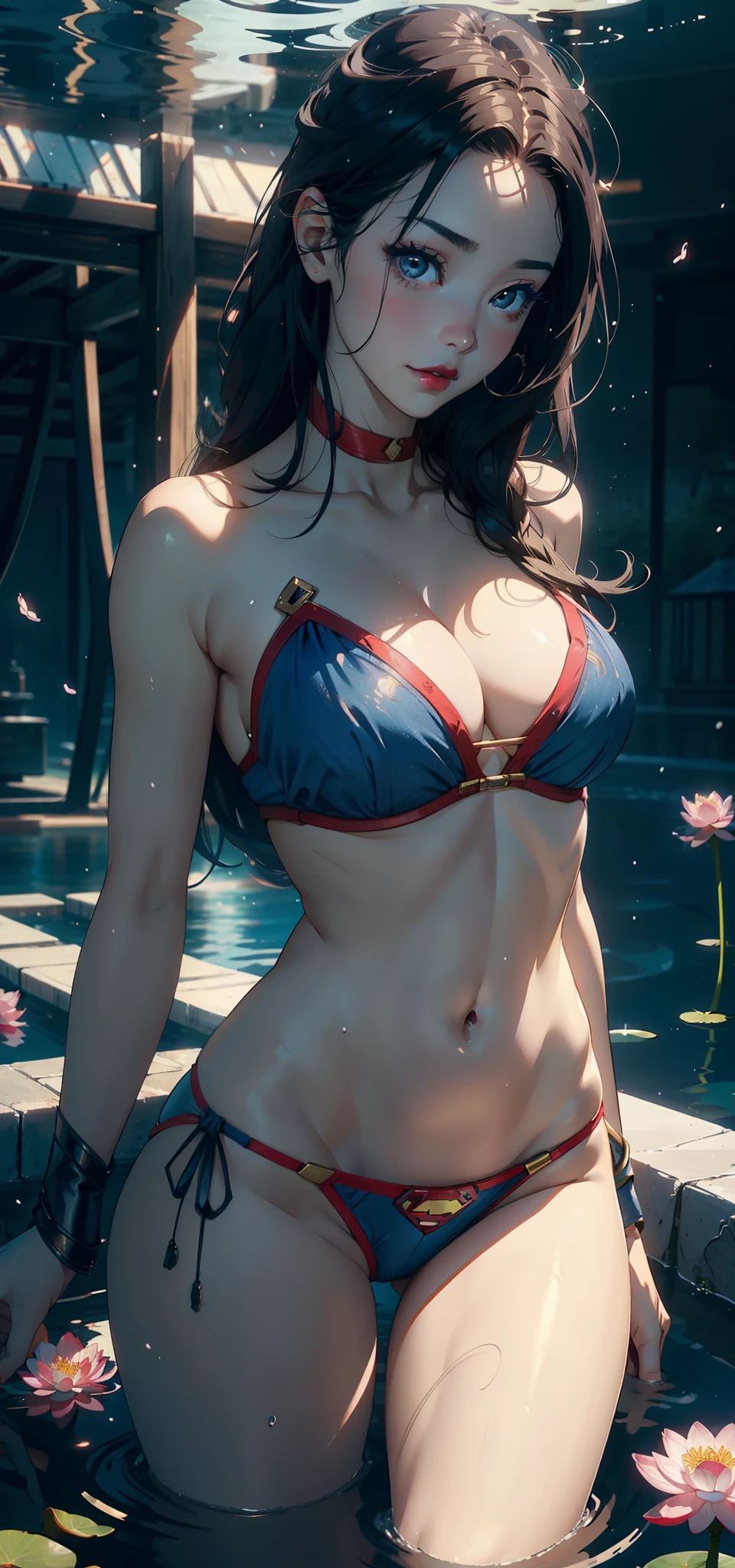 1female,45 yers old,Married Woman,熟妇,plumw,extremely large bosom, 独奏,(Background with:ponds,Cherry blossom forest,lotus flower)Lie underwater, She has long pink hair,seen from the front,, mostly cloudy sky,(((tmasterpiece),(Very detailed CG unity 8K wallpaper),best qualtiy,cinmatic lighting,detailed back ground,beatiful detailed eyes,Bright pupils,Black eyes,Snow-whiteskin,Redlip(Very fine and beautiful),(Beautiful and detailed eye description),ultra - detailed,tmasterpiece,))facing at camera,A high resolution,ultra - detailed),revealing breasts,Bare genitalia, Bulge,legs are open,Raised sexy,Camel toes,Desire for dissatisfaction,frontage,(Wearing:Blue denim bikini,Superman uniform)Supergirl