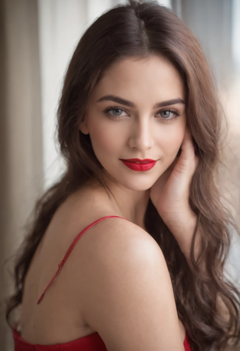 half-Body photo of an attractive Italian woman, 22 years old, named Mirabella, flashing (breasts: 1. 0), v-neck white blouse top, female smile, Tall, Slim, Oval Face, Dark Skin, Brown Hair, blue Eyes, Short Nose, Full Lips, Prominent Chin, Shoulder Length Hair, Fine Hair, wavy Curls, medium breasts, red lipstick, arms above head, Masterpiece, high definition, 8k, award-winning, RAW photo, high quality, 35mm photo, film grain, bokeh, professional, 4k, highly detailed, Masterpiece (Cinematic lighting: 1.)