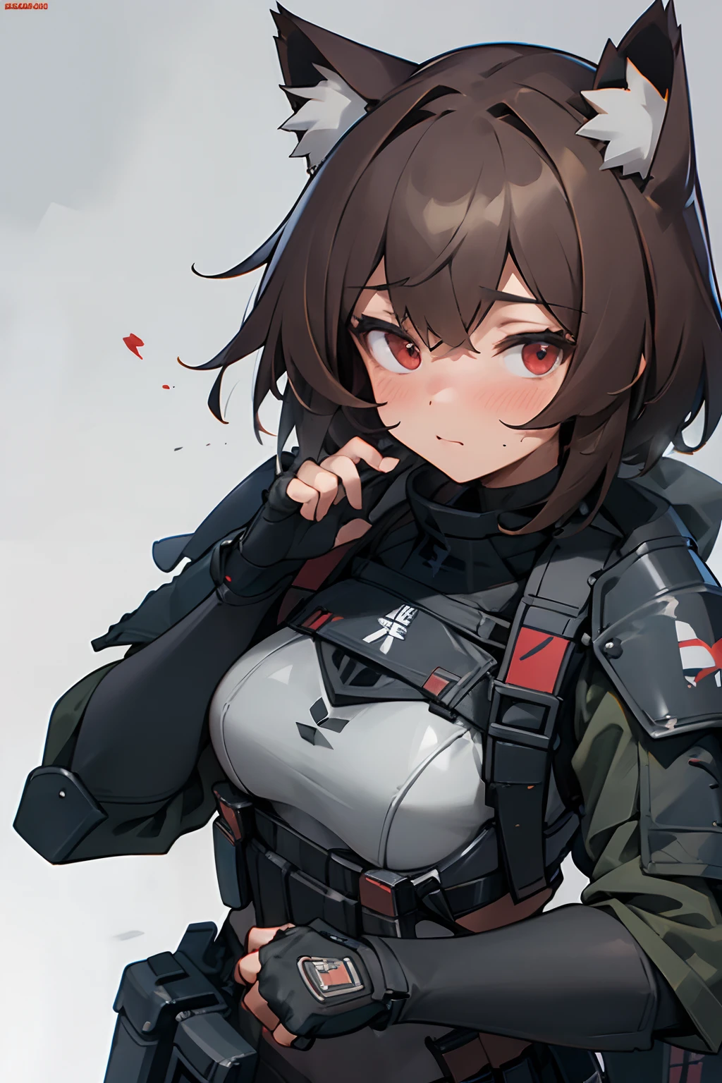 masterpiece, 8k, high quality, 1 girl, cat ears, (face portrait), red eyes, stockings, fingerless gloves, brown hair, (closeup), armor insert, ballistic plate, platecarrier, tactical armor, molle, tactical vest, chest rig, military, bulletproof armor, security equipment, peacekeeper, dystopian, ballistic armor