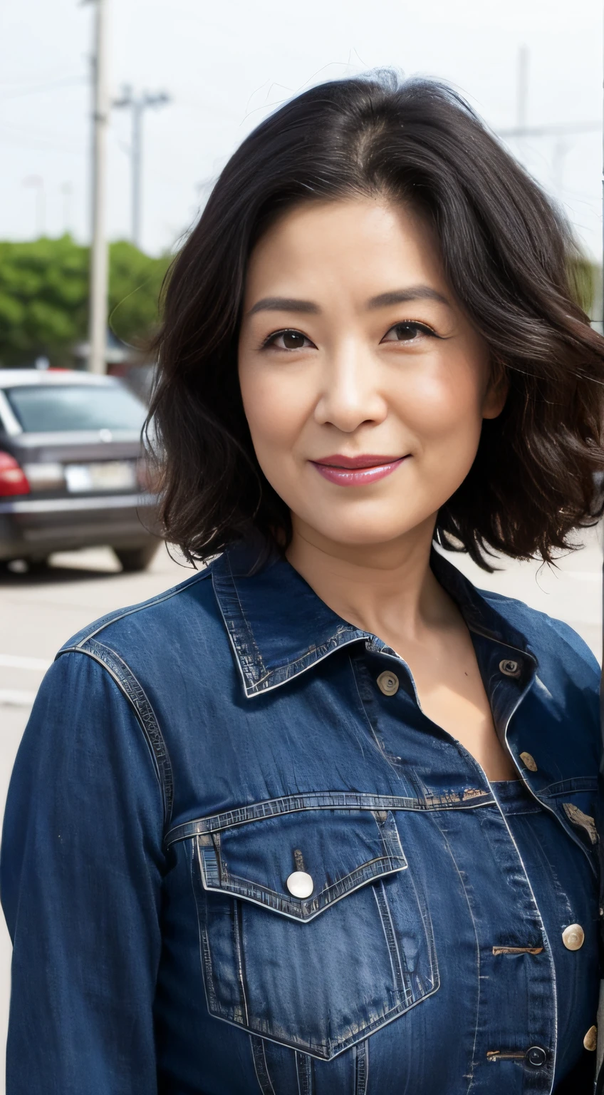 ((Best quality, 8K, Masterpiece, Portrait: 1.3)), (View viewers), Photorealism, Sharp focus, Solo, The Moro Islamic Liberation Front of Japan, Beauty,Wavy hair, Wrinkles at the corners of the eyes, to emphasize, ((Big breasts:1.3))),,30 years old, curlies, Wrinkled eyes, (tight tshirt, denim pant)((looking at viewert))