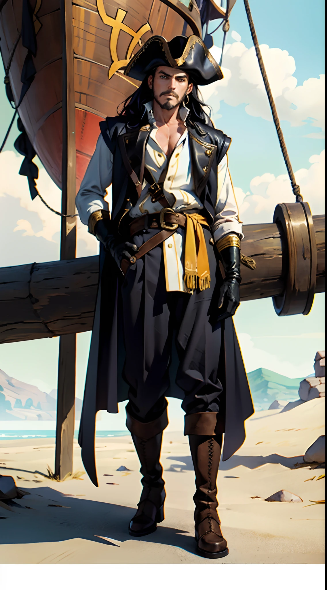 A middle-aged man with long black hair, medium length hair, wears a small round felt hat on his head, he has a cunning and sharp gaze, a beard, a tall and imposing figure, a fantasy-style pirate coat, sleeveless, exquisite stripes, a large skull pattern, has a golden sash around his waist, a leather belt with bone decorations, long gloves with metal ornaments, two-tone utility pants, knee-high leather boots, primarily in shades of black, accented by touches of red and yellow, he stands proudly at the bow of a massive pirate ship, this character embodies a finely crafted fantasy-style pirate in anime style, characterized by an exquisite and mature manga illustration art style, high definition, best quality, highres, ultra-detailed, ultra-fine painting, extremely delicate, professional, anatomically correct, symmetrical face, extremely detailed eyes and face, high quality eyes, creativity, RAW photo, UHD, 8k, Natural light, cinematic lighting, masterpiece:1.5