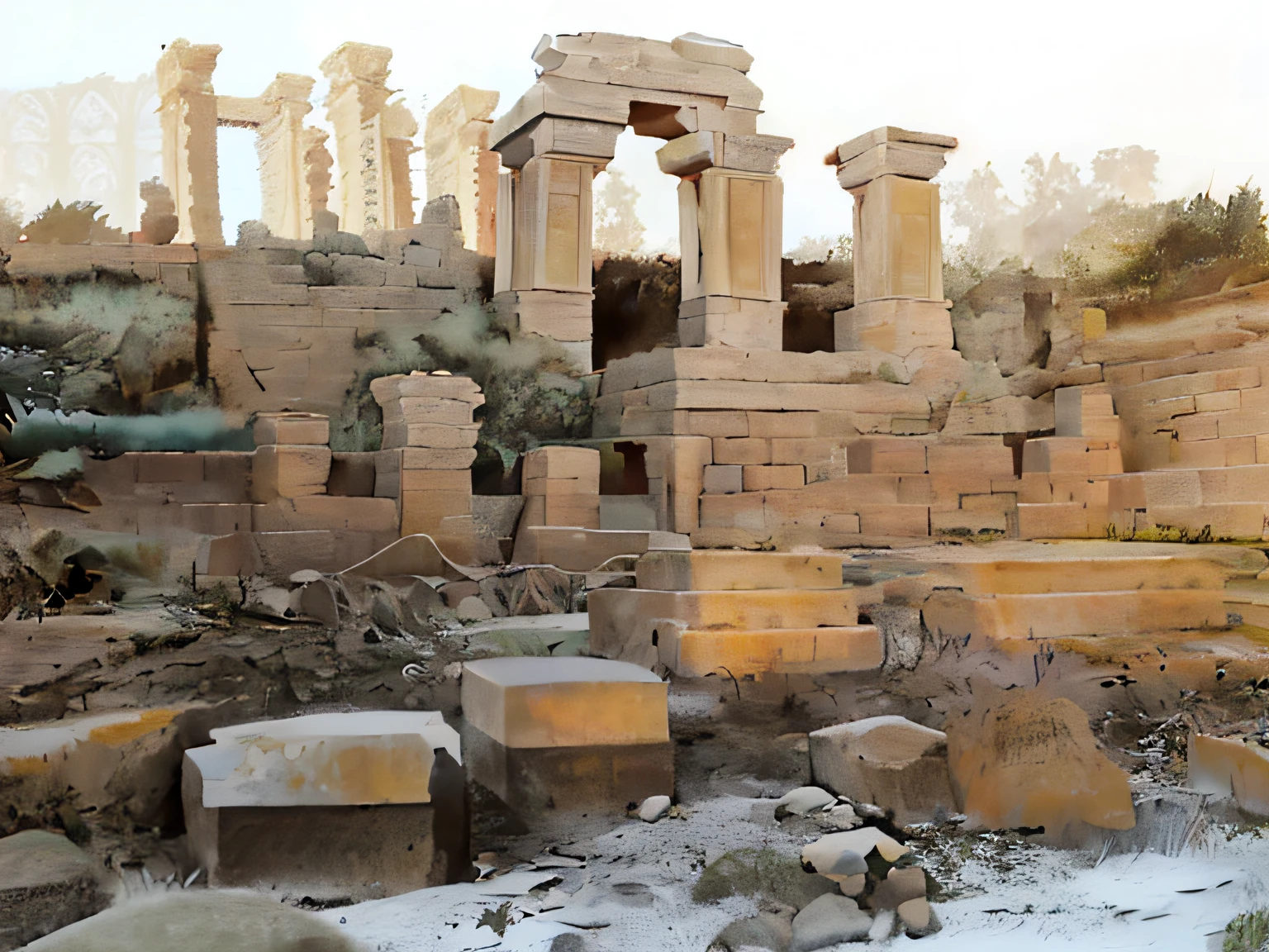 There is a stone structure,There are a lot of carvings on it, ancient city of white stone, White stone temple ruins, ancient marble city, ruins of ancient technology, ornate city ruins, ancient city ruins, Temple ruins, Ancient temple ruins, crumbling ancient skyscrapers, at an ancient city, in ancient city ruins, ruined temple, Huge old ruins