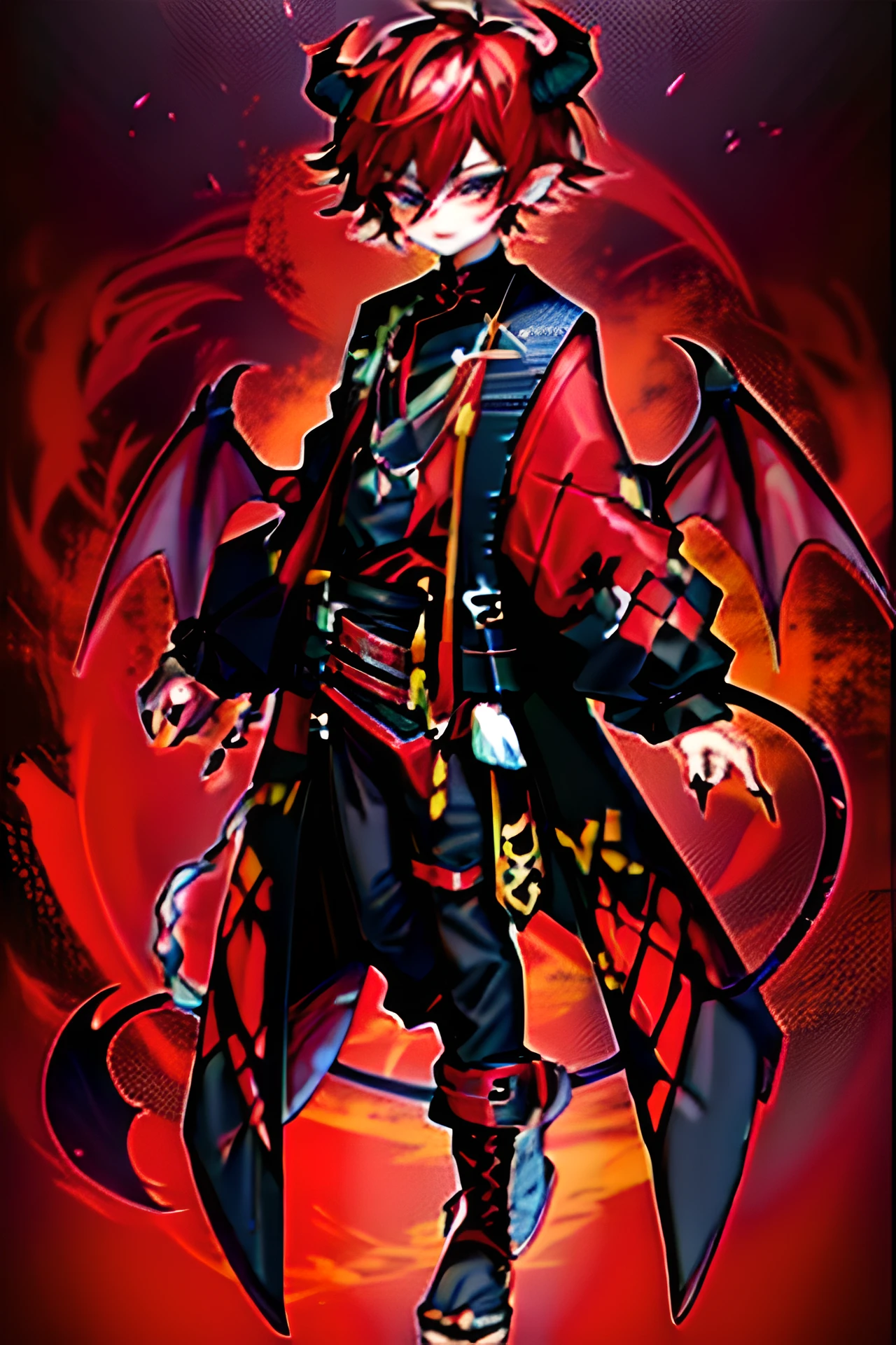 (the) best quality,ultra-detailed,anime-style,male demon hunter wearing red and black,with horns and a tail,handsome Japanese demon boy,demon slayer,demon killer art style,full-body demon,demon coat,anime-inspired,dragon-inspired armor of demonic inspiration,anime character; full-body art,epic anime style,anime character,demon slayer Rui fanart,demon slayer