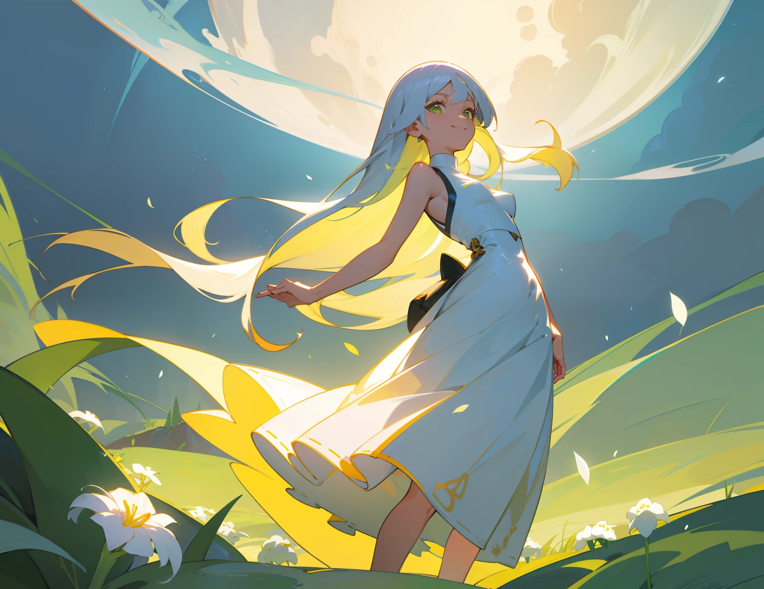 Sharp details、lily of the valley、Gorgeous and beautiful atmosphere、concept art illustration、masutepiece, Best Quality, hight resolution, Luzamine\(A pokémon\), Long hair, Platinum Hair,straight haired,yellow-green eyes, 1girl in, Solo, sleeveless turtleneck, White Dress,Yellow skirt, light skinned, Sleeveless,White Dress, Short skirt,Onepiece, turtle neck, Full body like, from the front side, is standing,Mystical,Curve, Smiling, a moon, medium breasts, natta, skinny, Luzamine、Lower your arms、Hands fold behind your back、Platinum hair、amarelo