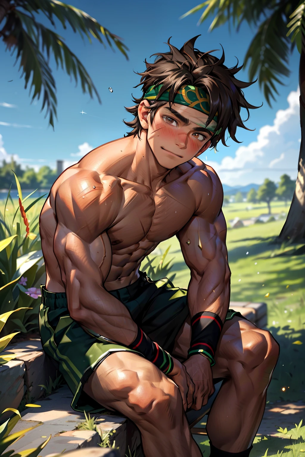 (Masterpiece, Best quality 12 year old boy，Shota), 1boys, Young,Muscular, Short hair, with brown eye, Intricate, Grass, full bodyesbian, Shirtless, Muscles sparkle in the sun,Black shorts,  green headband, Vivid colors,(Depth of field:1.2),(Abs),Blush, view the viewer, Sit on grass,