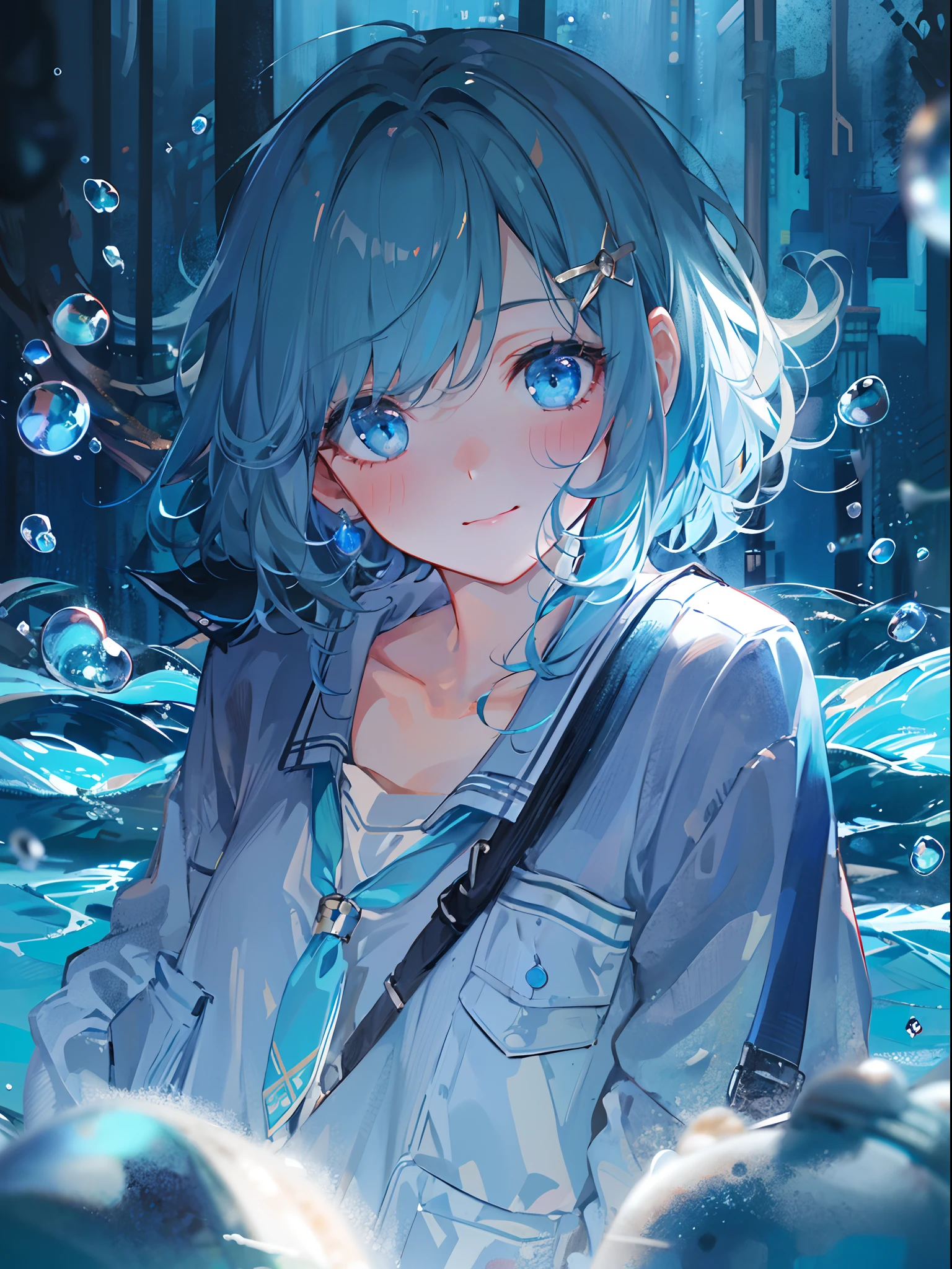 ((top-quality)), ((masterpiece)), ((ultra-detailliert)), (extremely delicate and beautiful), girl with, 独奏, cold attitude,((Black jacket)),She is very(relax)with the(Settled down)Looks,A dark-haired, depth of fields,evil smile,Bubble, under the water, Air bubble,bright light blue eyes,Inner color with light blue hair and light blue tips,Cold background,Bob Hair - Linear Art, shortpants、knee high socks、White uniform like school uniform、Light blue ribbon ties、Clothes are sheer、Hands in pockets、Bright eyes like sapphires,flourescent blue, There was a little blue light floating around、Upper eyes、