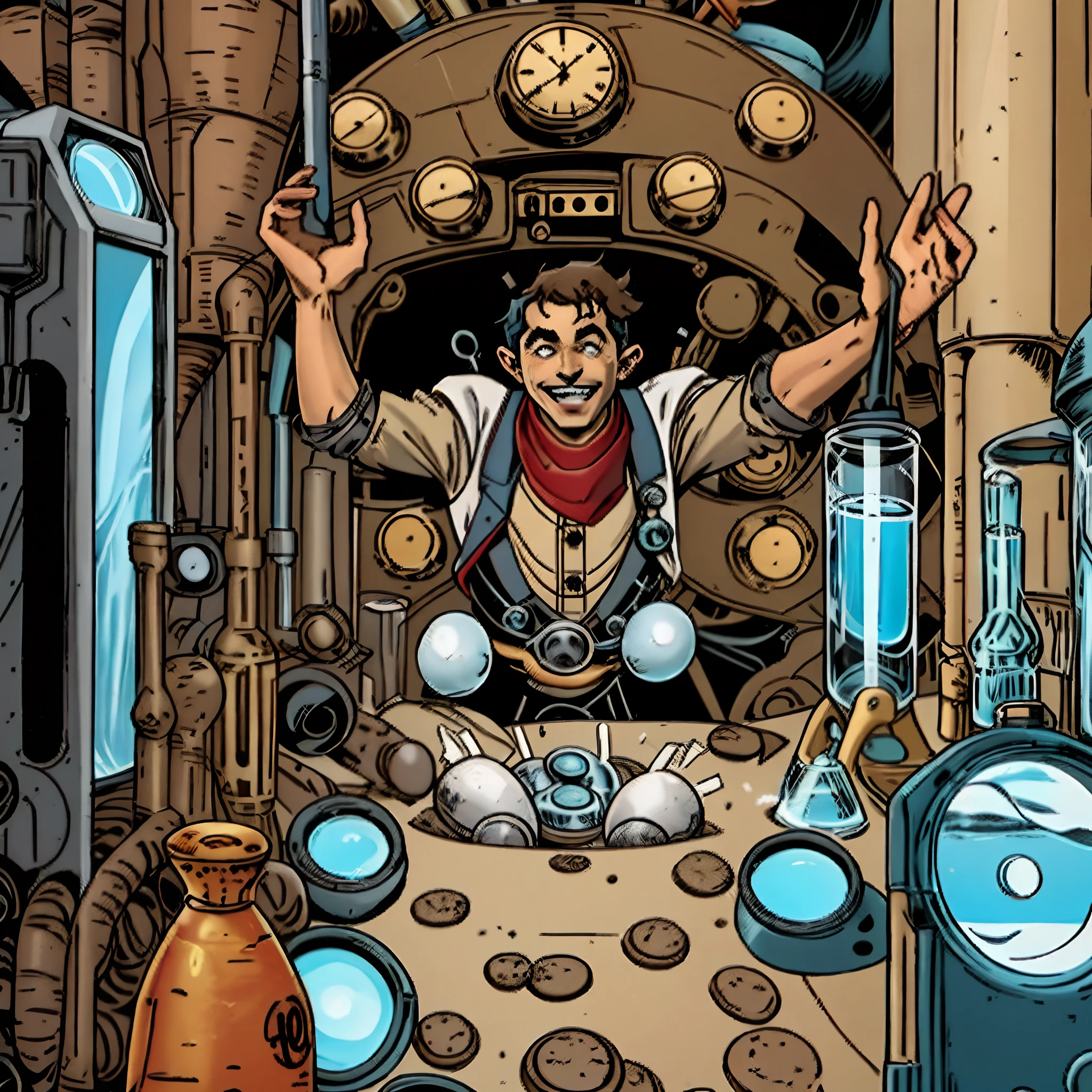 Imagem: An excited professor in a chaotic laboratory, misturando elementos coloridos em tubos de ensaio, com um sorriso entusiasmado. Ao redor, There are peculiar technological devices adapted to different needs.