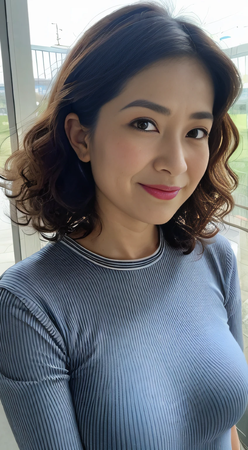 ((Best quality, 8K, Masterpiece, Portrait: 1.3)), (View viewers), Photorealism, Sharp focus, Solo, The Moro Islamic Liberation Front of Japan, Beauty,Wavy hair, Wrinkles at the corners of the eyes, to emphasize, ((Big breasts:1.3))),,30 years old, curlies, Wrinkled eyes, (tight tshirt)((looking at viewert))